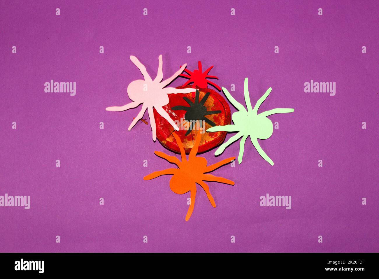 Wallpaper #SmdH7ZIBSpphPi3-X1cH272 Colorful Spiders on a Stump Creative Halloween Concept Flat Lay