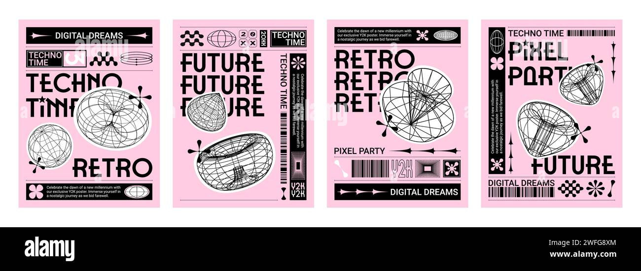 Wallpaper #Drjq2pIBJvJKYCmEPvSR17 Y2k Style Techno Banners Set Vector Realistic Illustration of