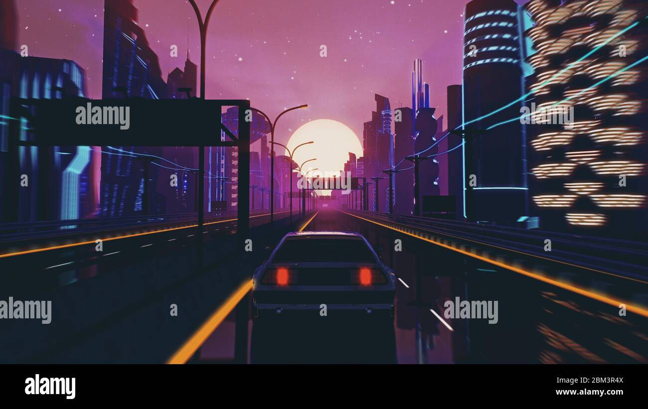 Wallpaper #cn1h9I4Bnwiau_P6iQ_b40 Cyberpunk Sunset Landscape with a Car on a Highway Road in Futuristic