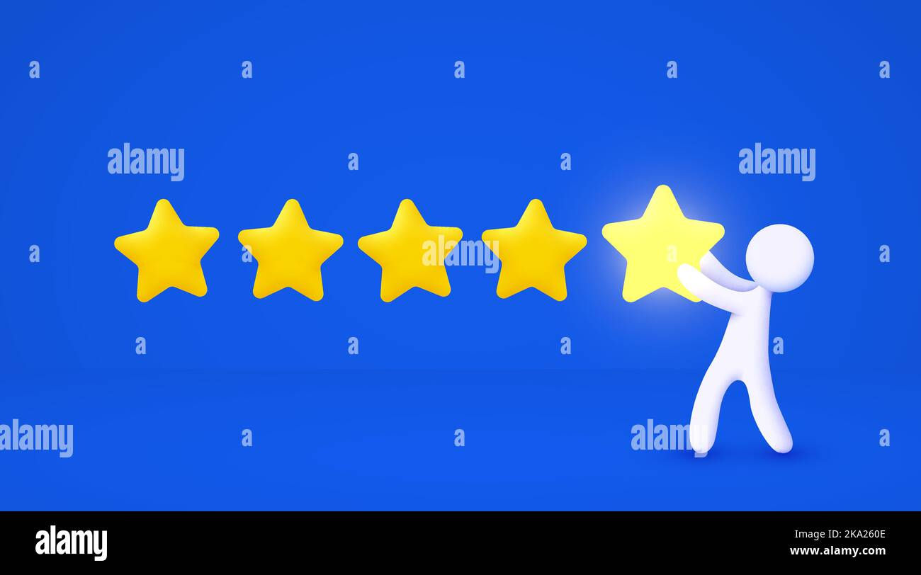 Wallpaper #k2eg8pIBSpphPi3-sXFs345 3D White Cartoon Man Pointing Five Gold Star Rating Feedback Concept