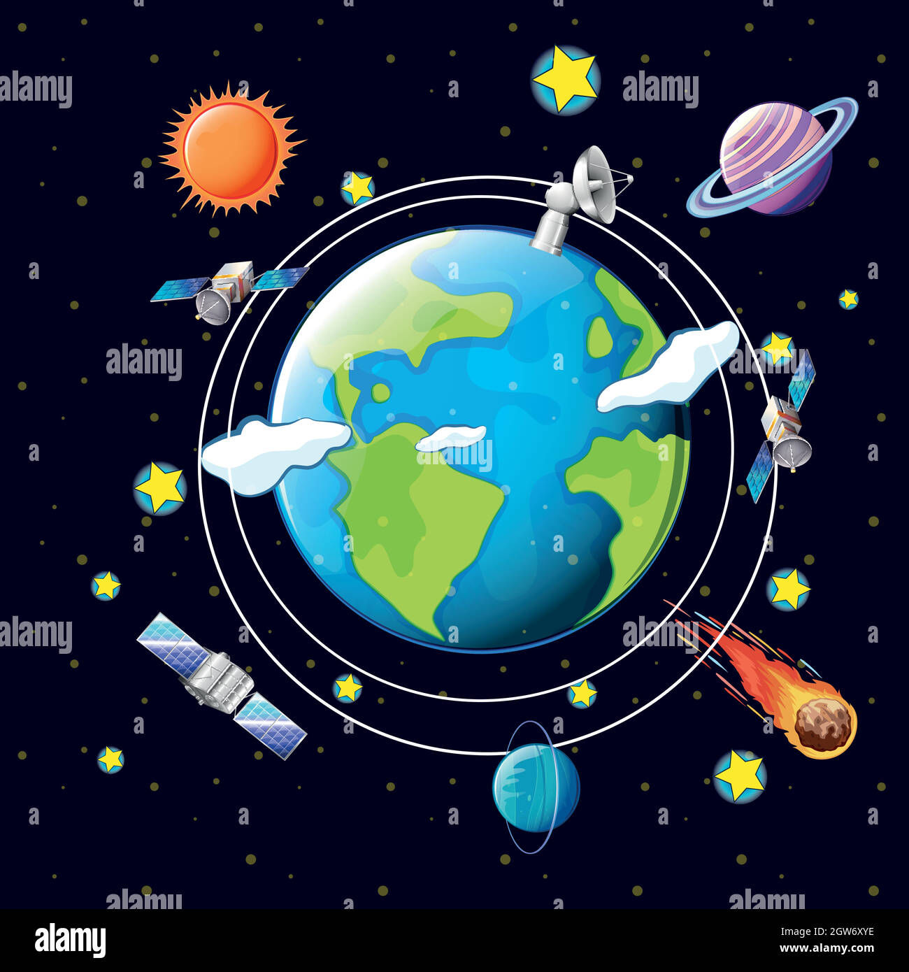 Wallpaper #ZmeS_5IBSpphPi3-CKP9252 Space Theme with Satellites and Planets Around Earth Stock Vector Image