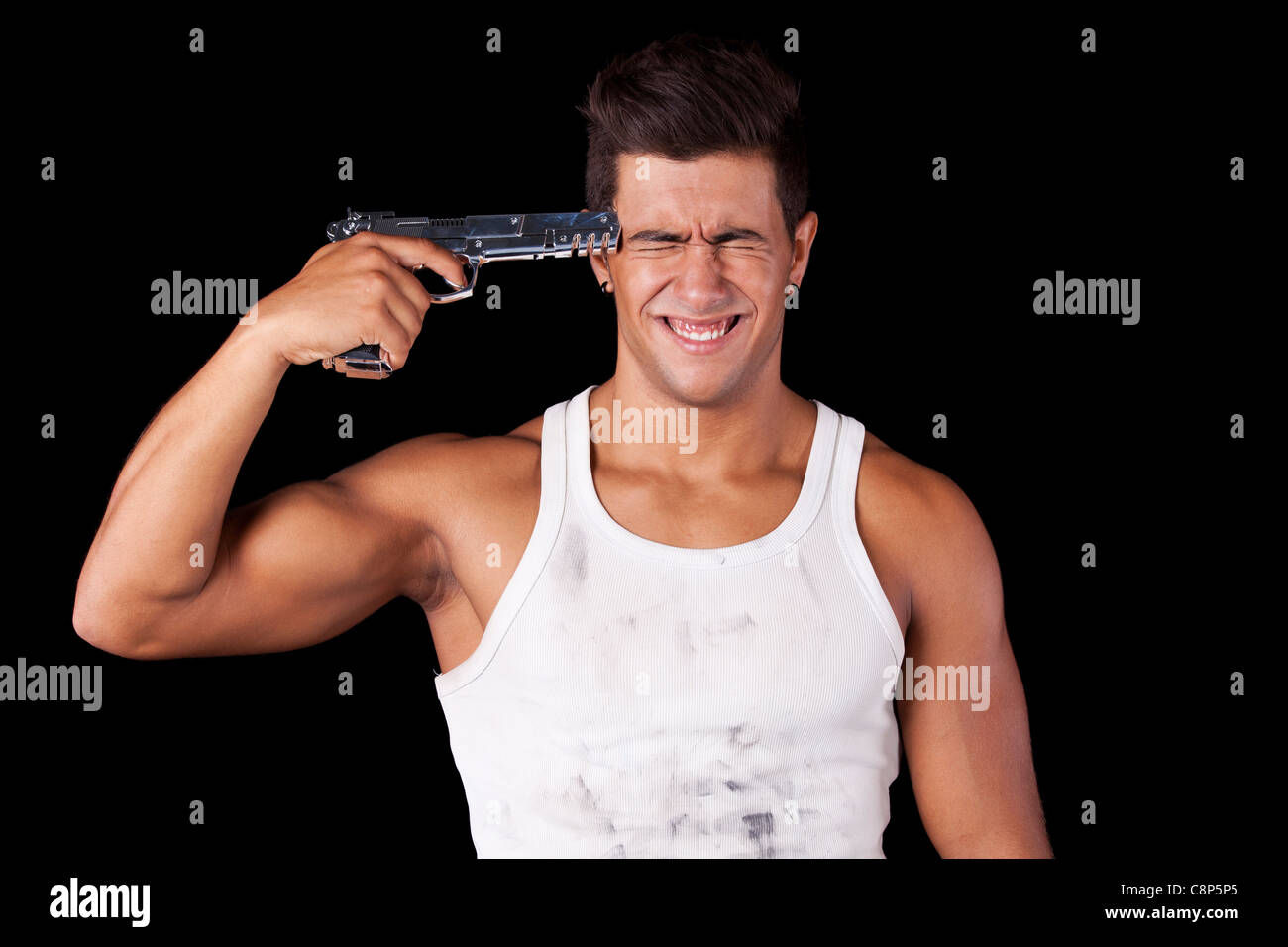 Wallpaper #IWf6_JIBSpphPi3-lZoB64 Stressed Young Man with a Gun Pointing to His Head Isolated on Black