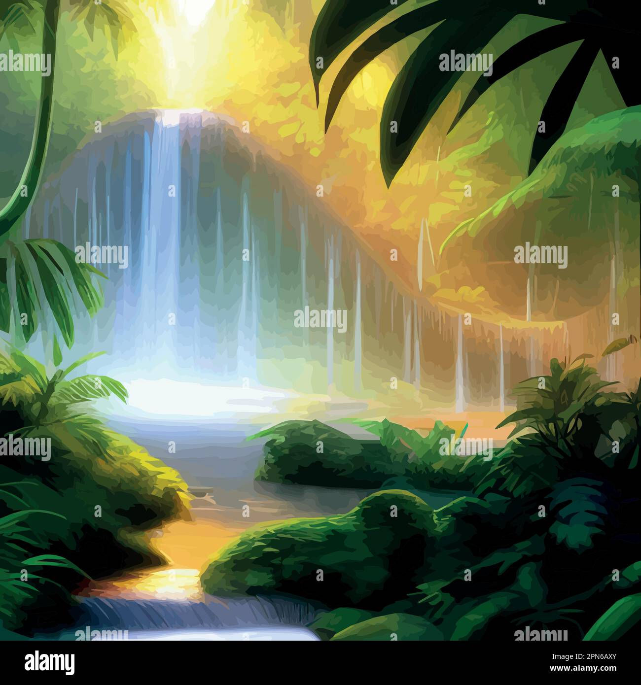 Wallpaper #gXfEJ5MB-pgBXx60hqcW256 Spring Landscape with Waterfall in Tropical Forest Vector Illustration