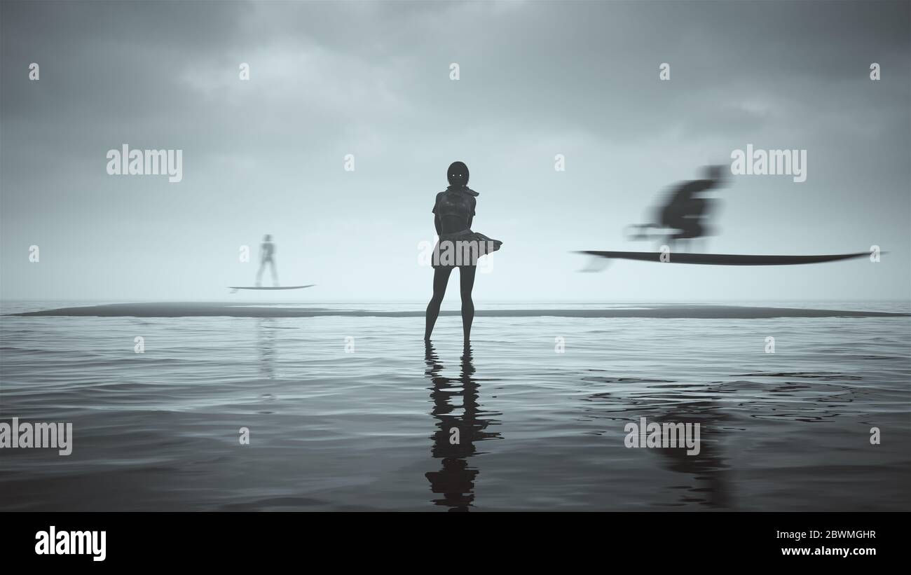 Wallpaper #OHNxhY4BFI5NbQks3R7k41 Mysterious Cyberpunk Witch Surf Girls on Flying Surfboards Above Black