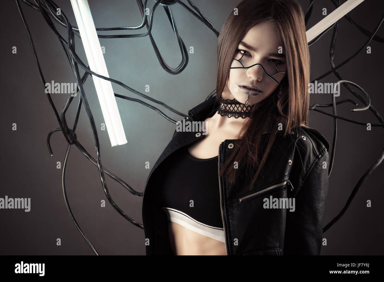 Wallpaper #0hnJBI8BtGB6xQ78wk_r38 Fashionable Robot Girl in Wires in Style Cyberpunk Stock Photo Alamy