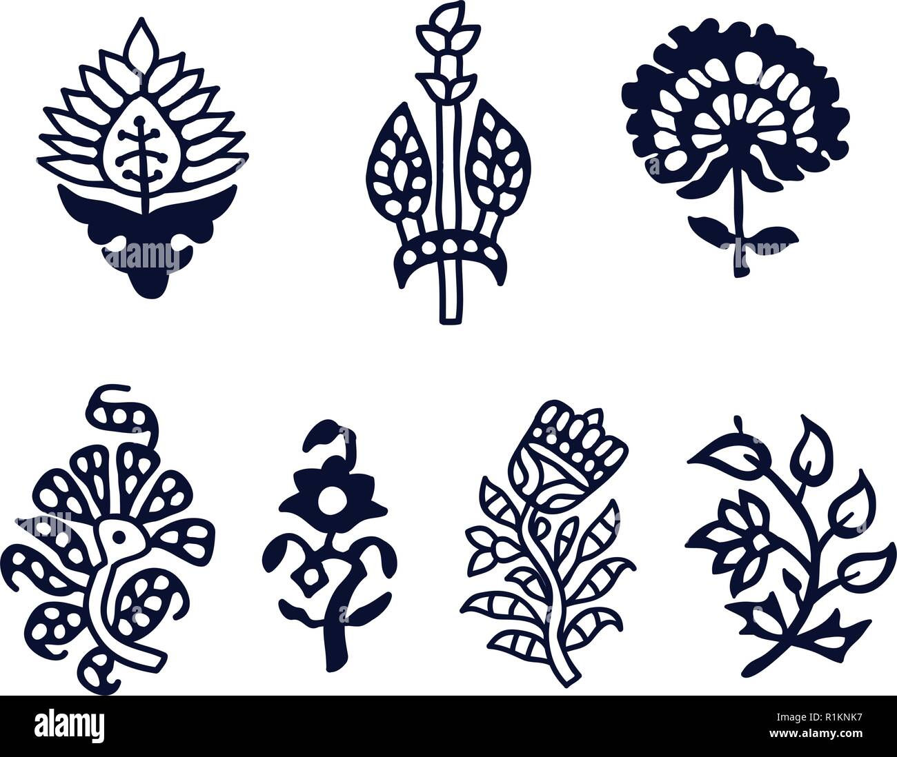 Wallpaper #pWfB7pIBSpphPi3-dF4W163 Set of 7 Wood Block Print Floral Elements Traditional Oriental Ethnic
