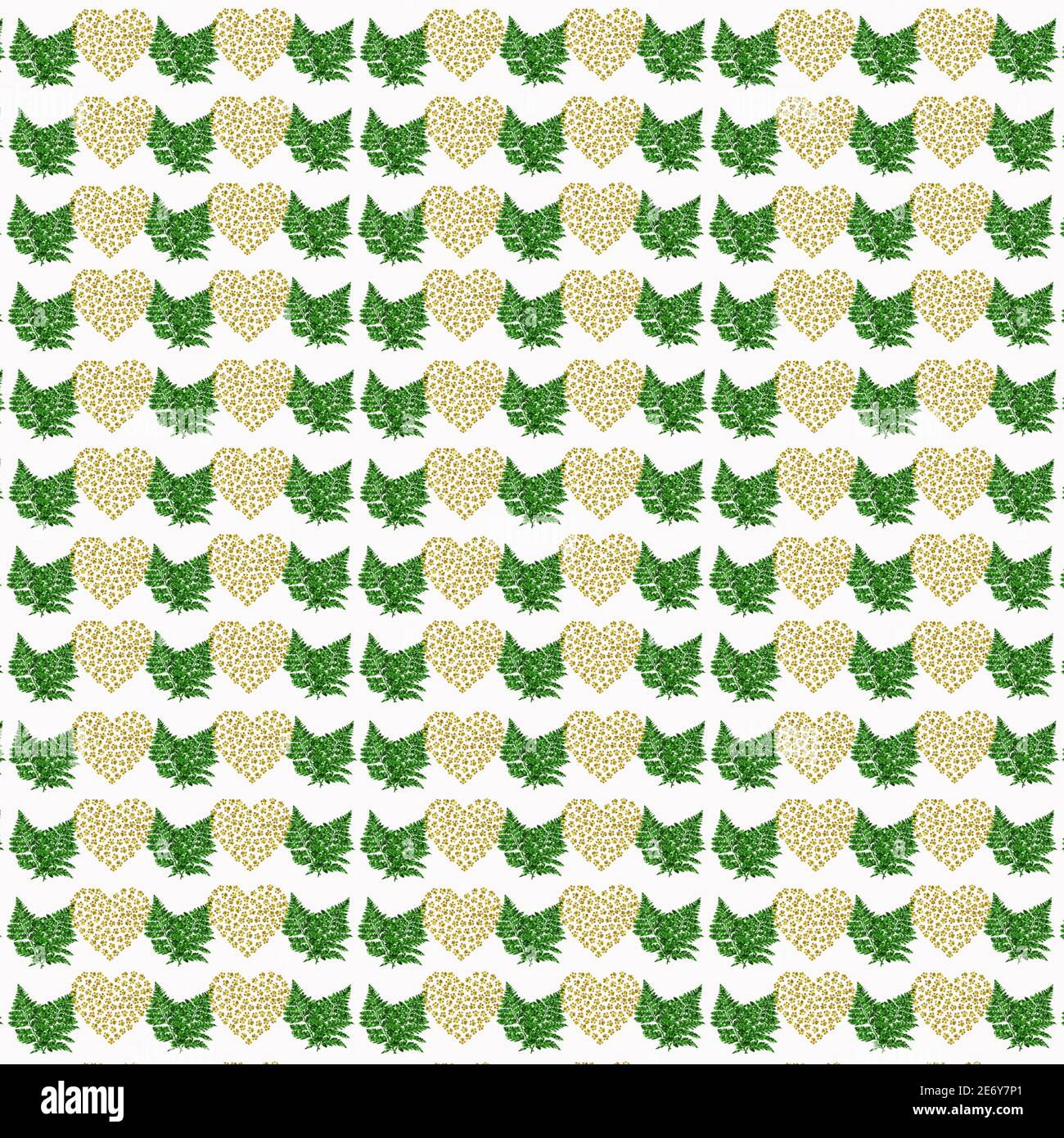 Wallpaper #am19apcBycdYOYFTxHE6135 Illustration of Golden Hearts and Green Leaf Patterns on a White