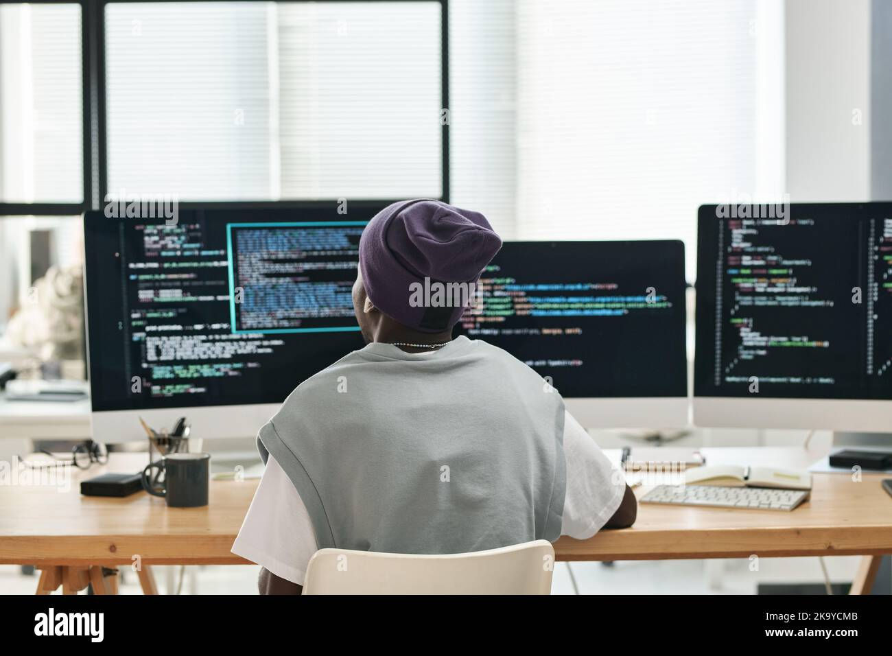 Wallpaper #lkItPZMBOBpx0Nhms8O1231 Back View of Young Software Developer Sitting by Workplace in Front of