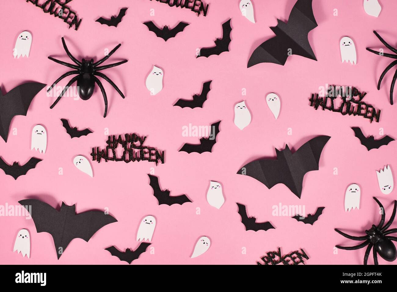 Wallpaper #F_SlOZMBKFX8bn3rEHfZ228 Halloween Flat Lay with Bats Spiders Happy Halloween Text and Cute