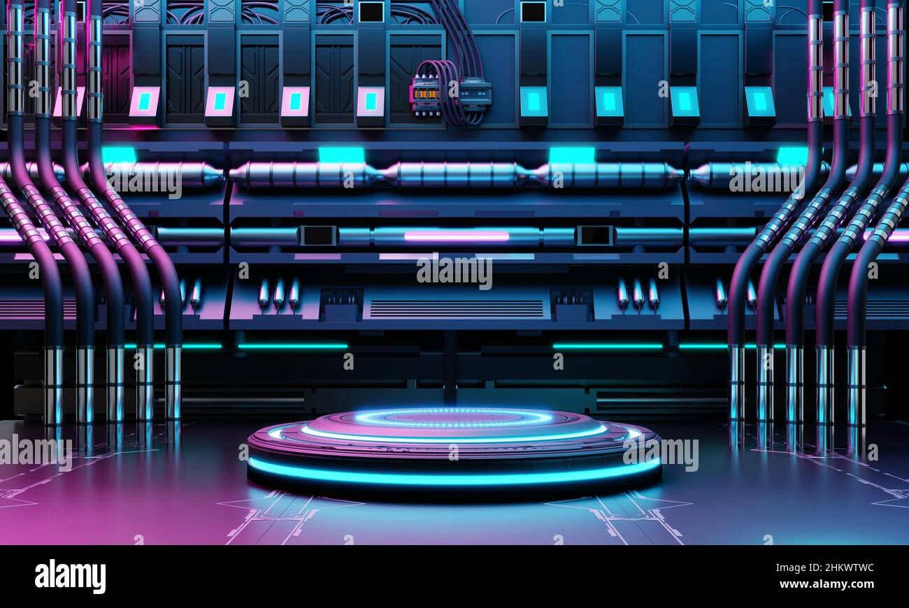 Wallpaper #_GdHAZMBSpphPi3-rqlZ257 Cyberpunk Sci Fi Product Podium Showcase in Spaceship Base with Blue