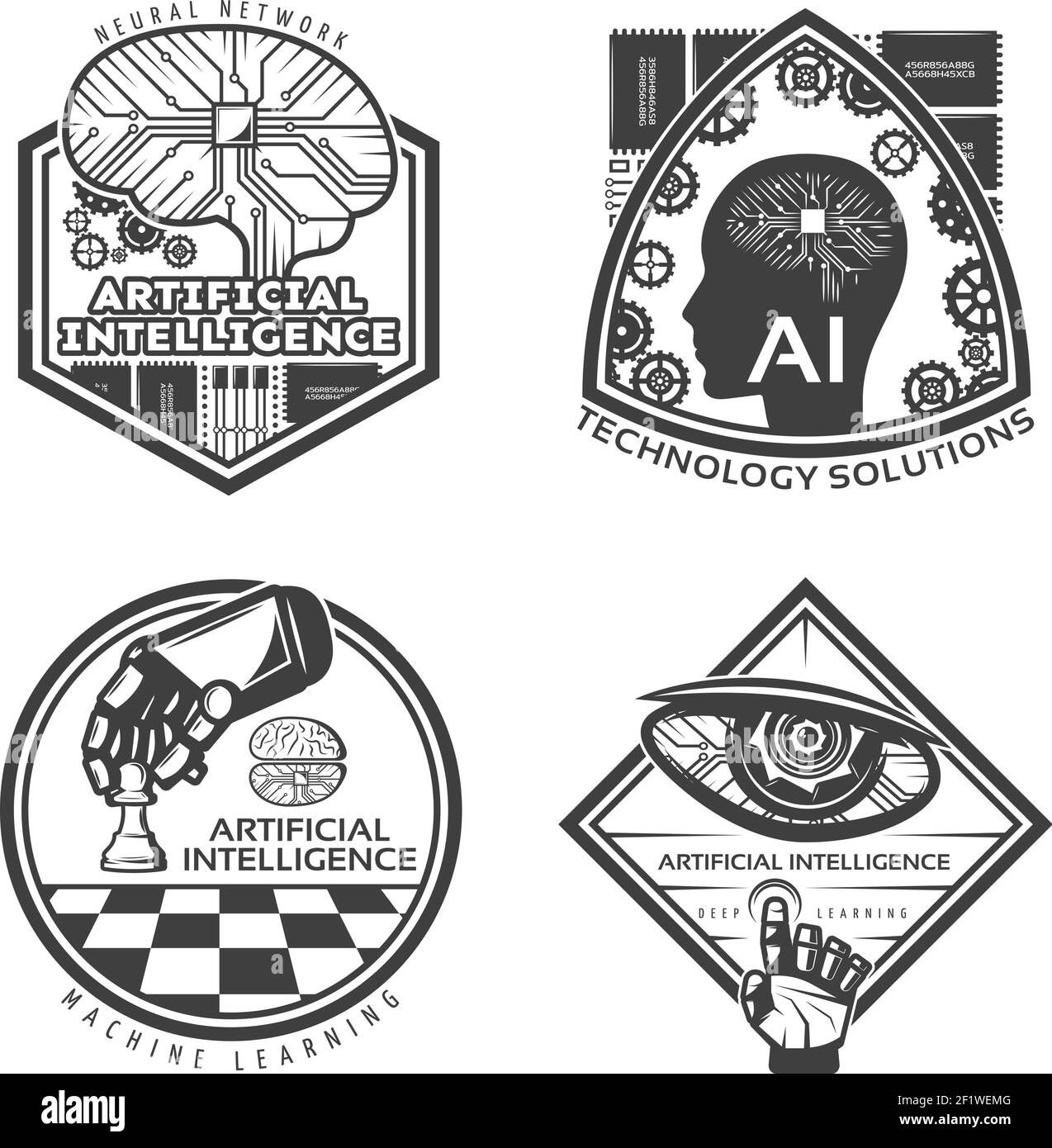 Wallpaper #WGh6GZMBSpphPi3-IxeB370 Vintage Artificial Intelligence Emblems Set with Scientific Cybernetic