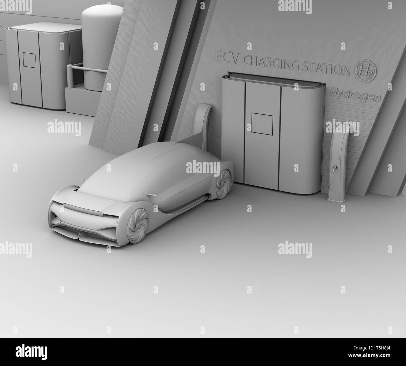 Wallpaper #xWgwGZMBSpphPi3-BxUZ343 Clay Rendering of Fuel Cell Powered Autonomous Car Filling Gas in Fuel