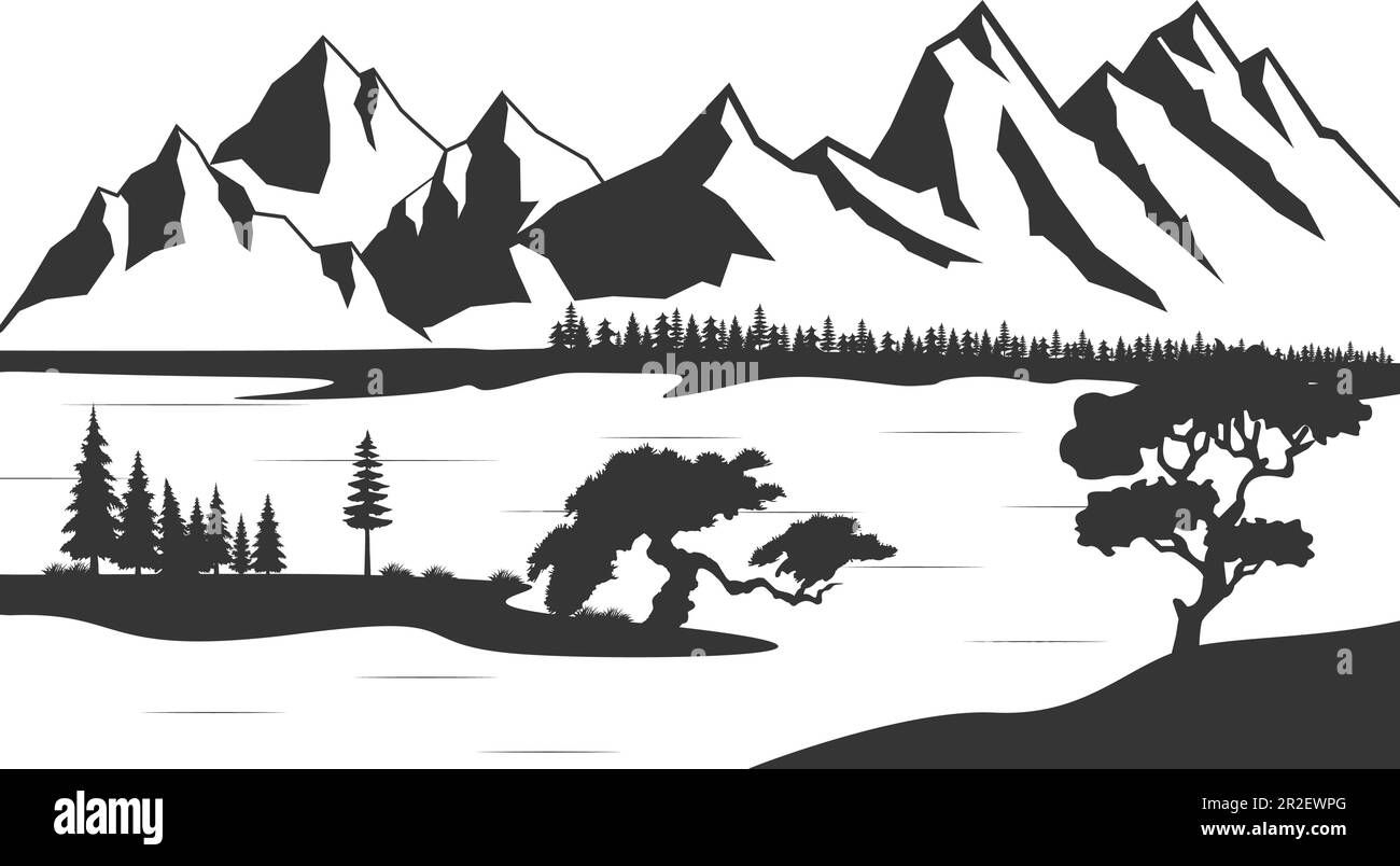 Wallpaper #x--qS5MBMN-XEVvVnztn53 Black and White Mountain with Pine Trees and Lake Mountain Silhouette