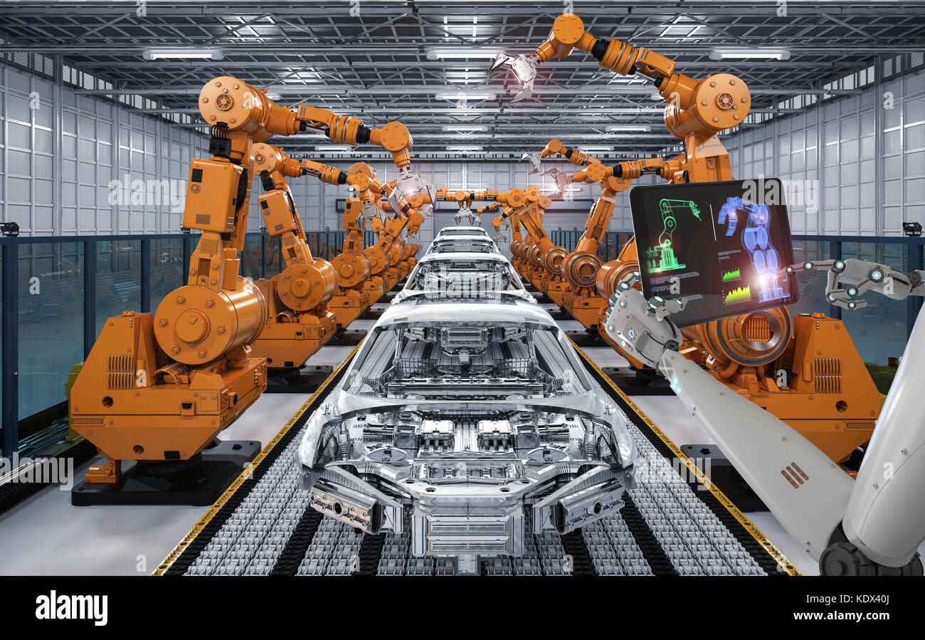Wallpaper #HWcK_pIBSpphPi3-ZJ54269 3D Rendering Cyborg Control Robot Assembly Line in Car Factory Stock