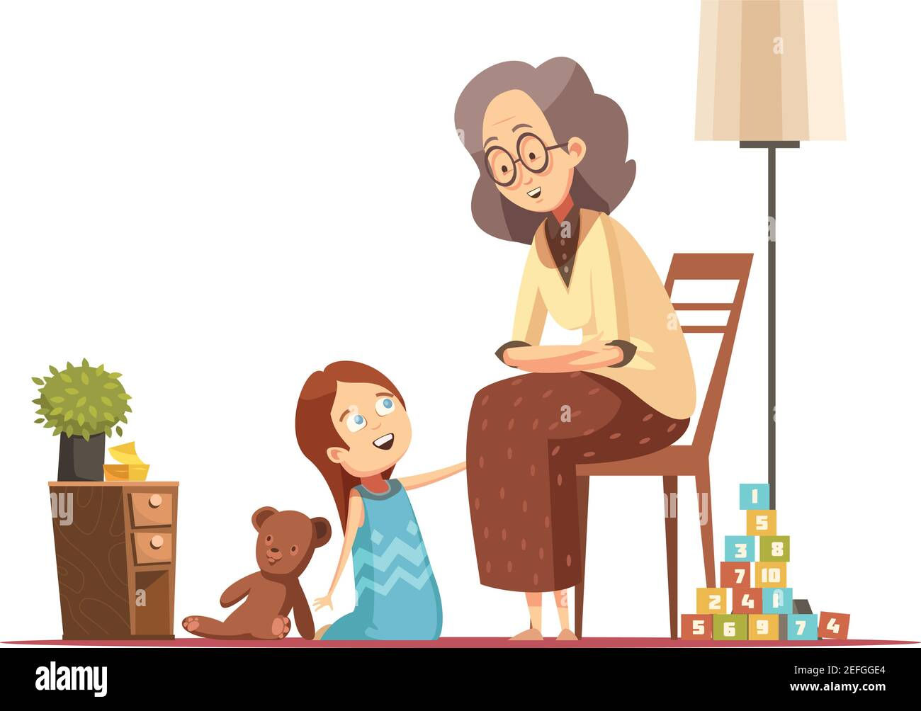 Wallpaper #XZ3oZJcBkAG5jTCHLrHO173 Grandmother Home Talking to Little Granddaughter with Teddybear Senior