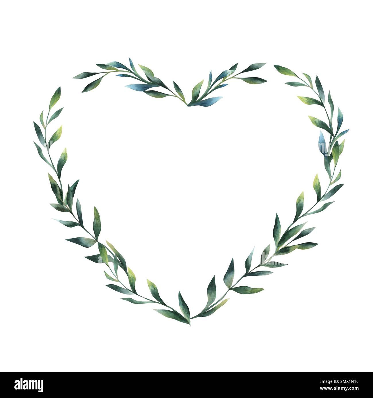 Wallpaper #Tmd395IBSpphPi3-tobx392 Watercolor Floral Wreath Heart Shaped Frame of Green Leaves Hand Drawn