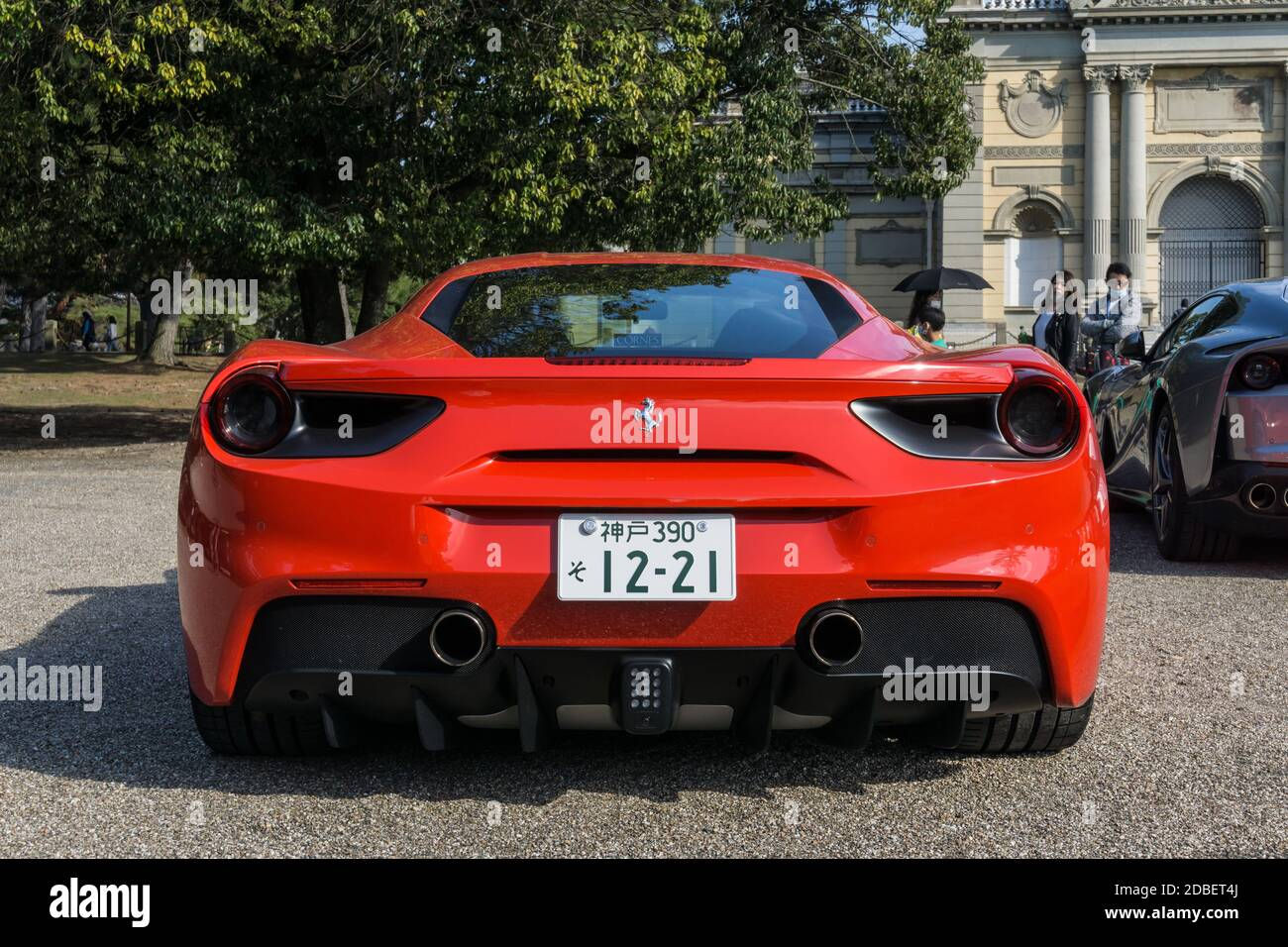 Wallpaper #bxm2A48BtGB6xQ78W0wf56 Rear View of a Red Ferrari 488 Gtb Sports Car Outside in Sunshine Stock