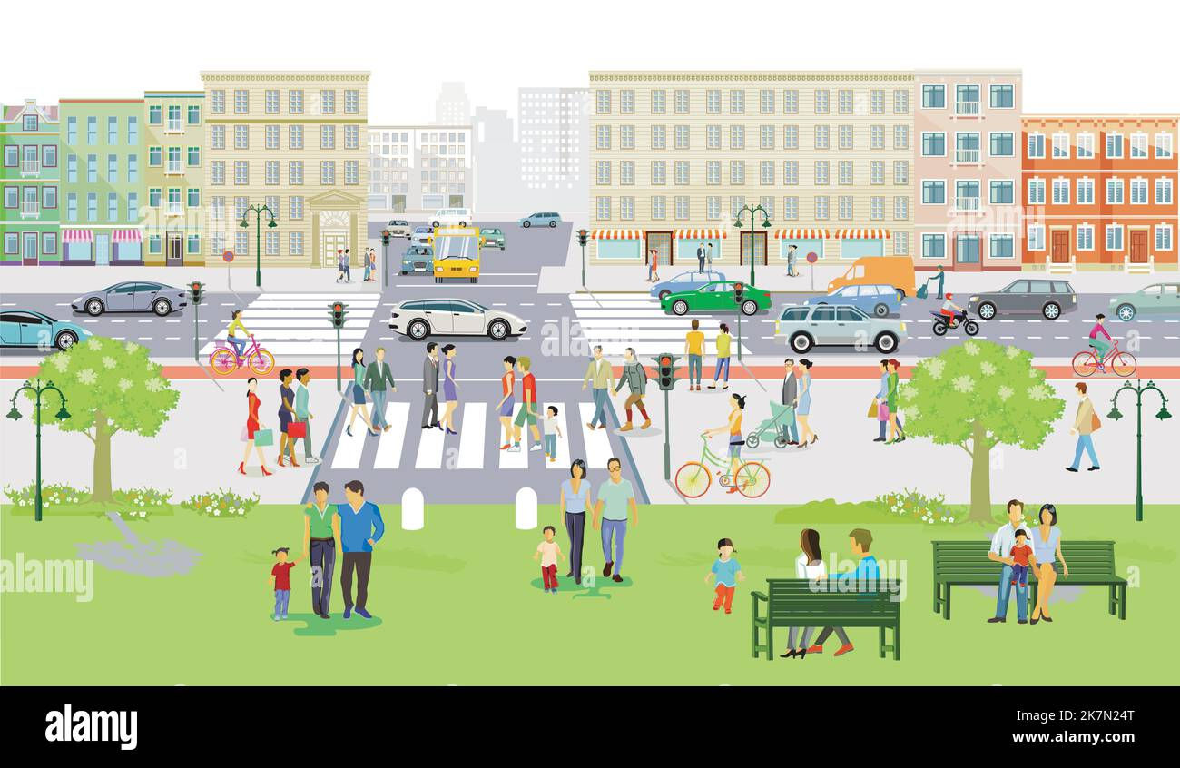 Wallpaper #Imf_DJMBSpphPi3-ZuKh403 City Silhouette with Pedestrians in Residential District with City Park