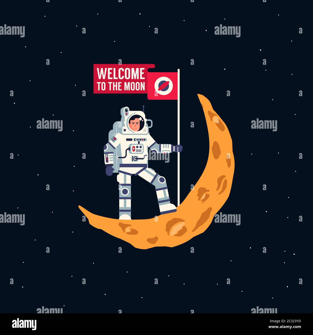 Wallpaper #e2eE_JIBSpphPi3-ZZiW368 Astronaut in Spacesuit is Standing on Crescent Moon with Flying Flag