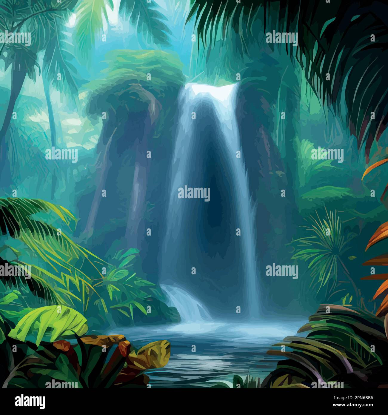 Wallpaper #gXfEJ5MB-pgBXx60hqcW255 Spring Landscape with Waterfall in Tropical Forest Vector Illustration