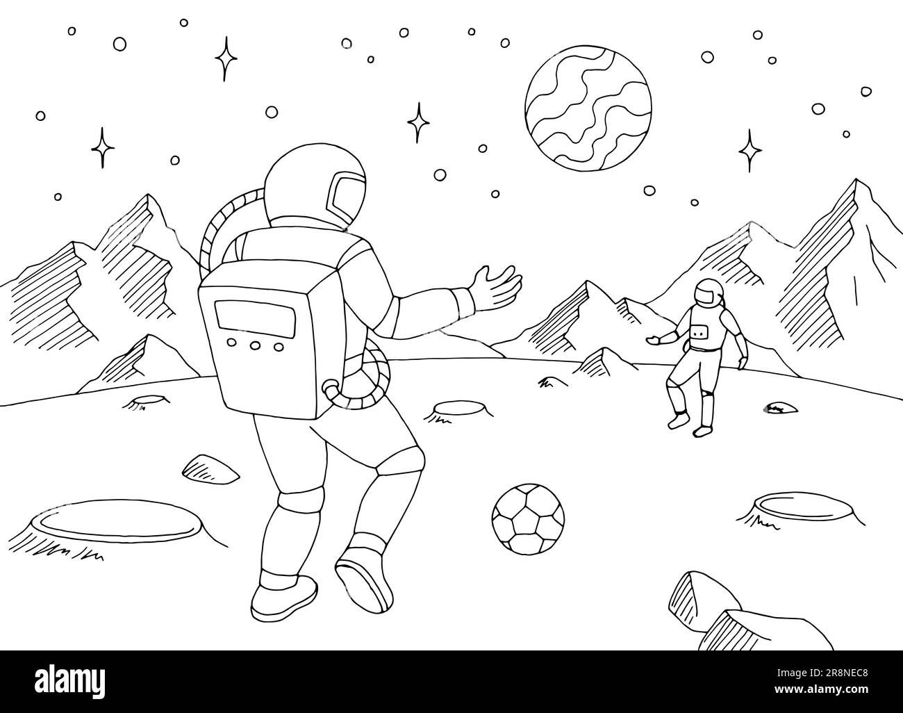 Wallpaper #YjGbNZMB5zzyi_yY1Fda341 Astronauts Play Soccer on Alien Planet Graphic Black White Space