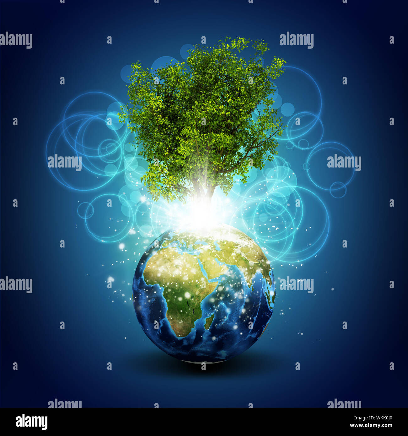 Wallpaper #_Gep6ZIBSpphPi3-WkJU51 Earth with Magical Green Tree and Rays of Light on Dark Background