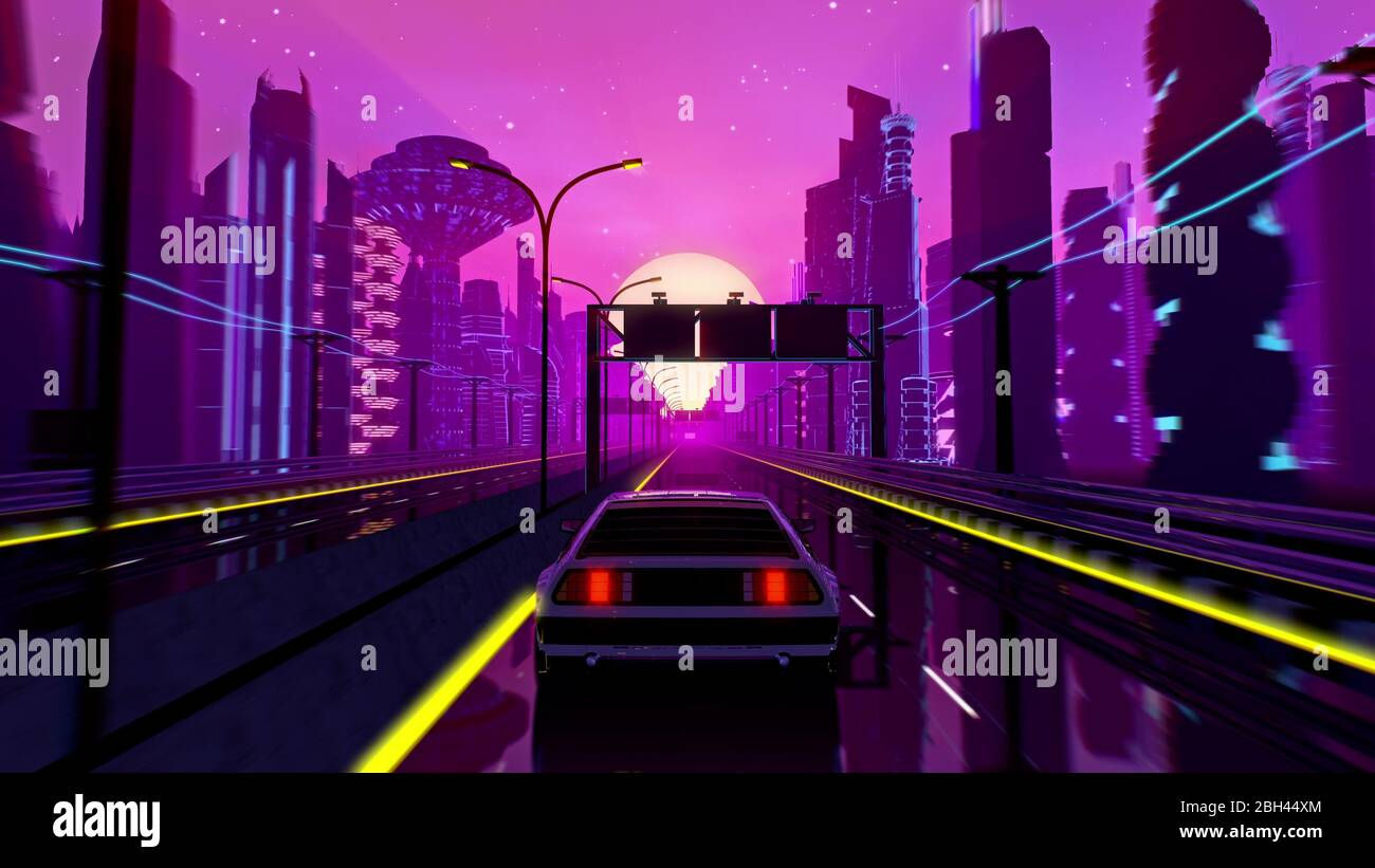 Wallpaper #rTtTcJcBSWmA-tzpvo8B22 Cyberpunk Sunset Landscape with a Car on a Highway Road in Futuristic