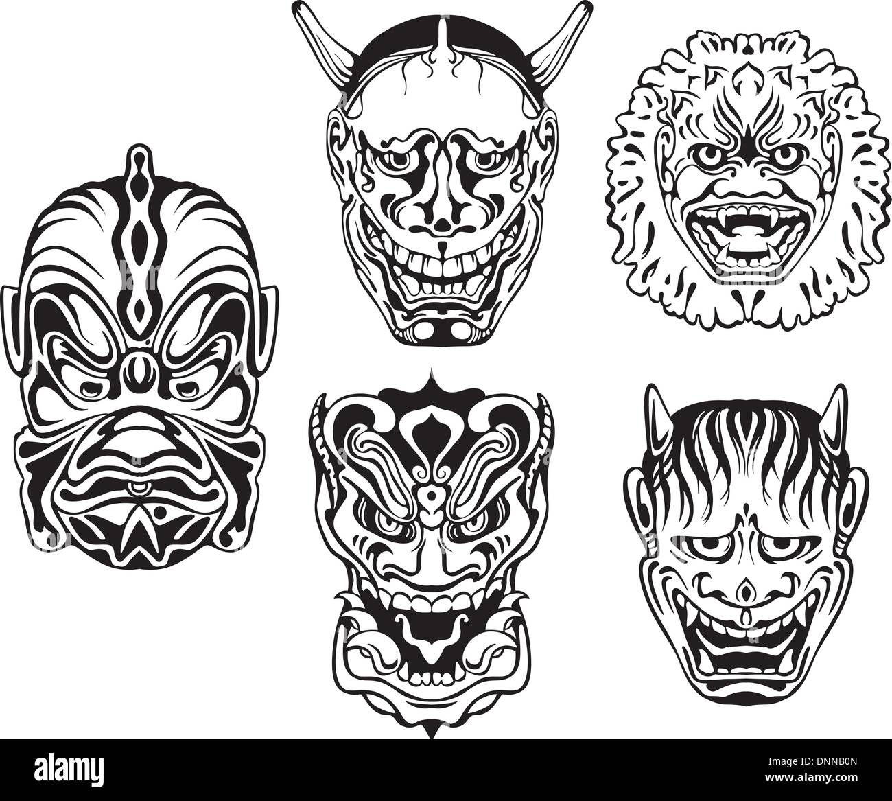 Wallpaper #z2gAIJMBSpphPi3-Jyw-327 Japanese Demonic Noh Theatrical Masks Set of Black and White Vector