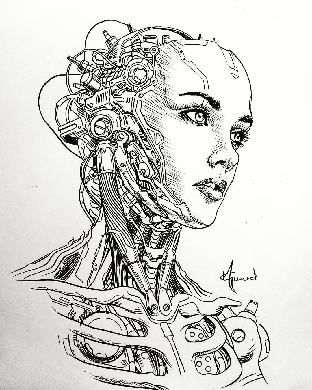 Wallpaper #4Wf665IBSpphPi3-Uk_6188 A Drawing of a Womans Head with Mechanical Parts on Her Face and Neck