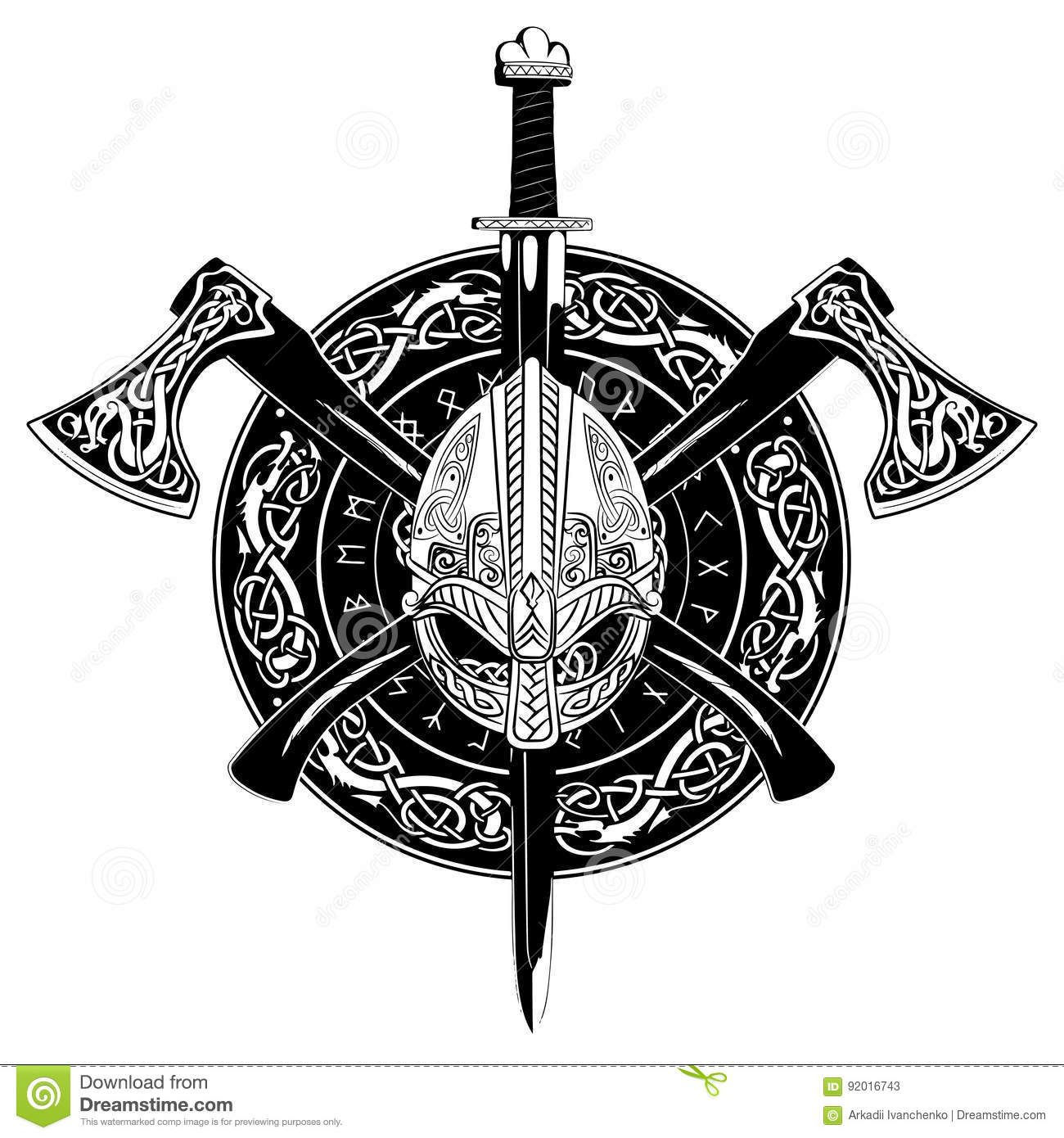 Wallpaper #AWjQGZMBSpphPi3-KBla142 Viking Helmet Crossed Viking Axes and in a Wreath of Scandinavian