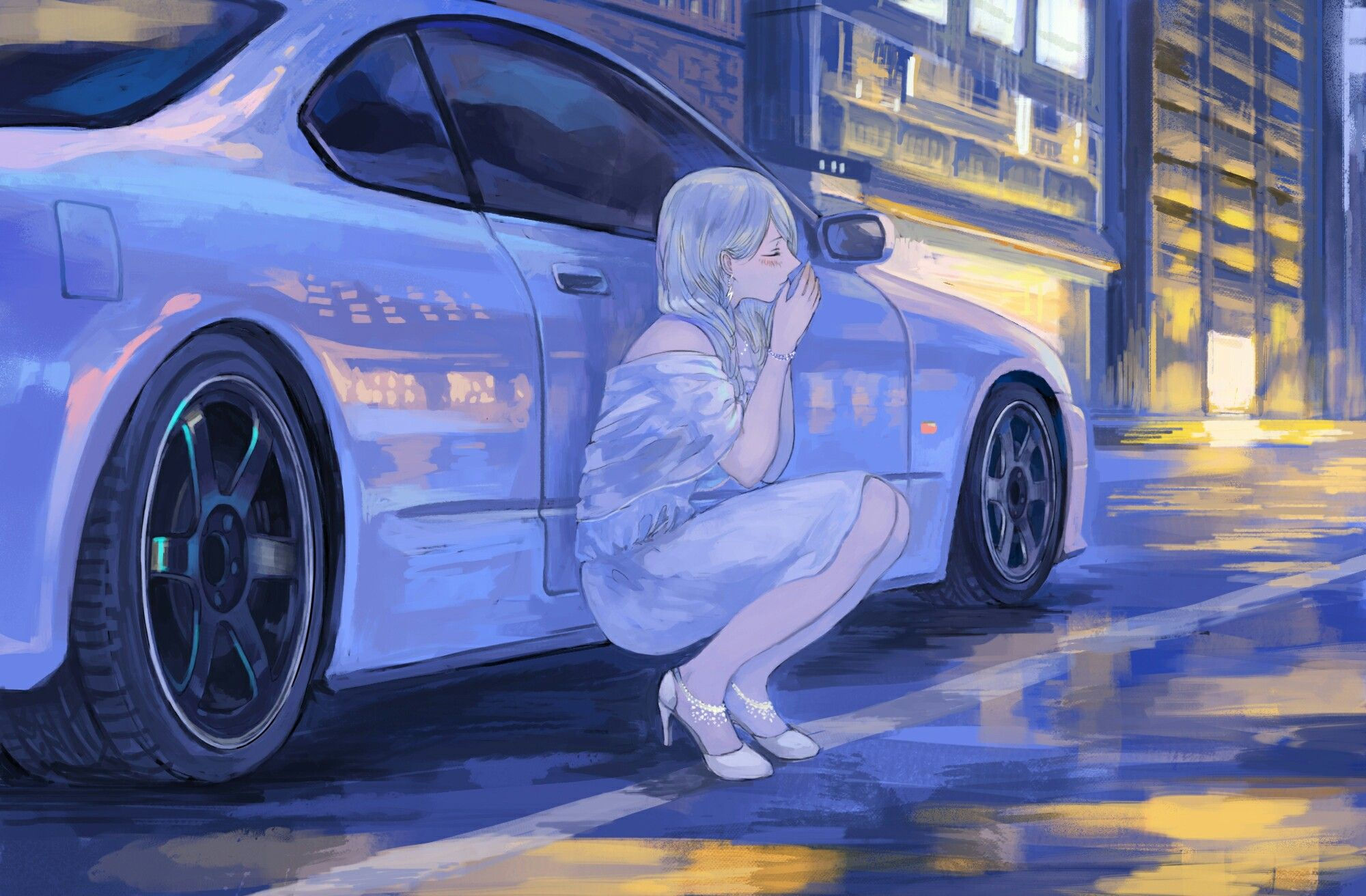 Wallpaper #46bf0 Download Girl Leaning on a Nissan Skyline Car Anime Wallpaper