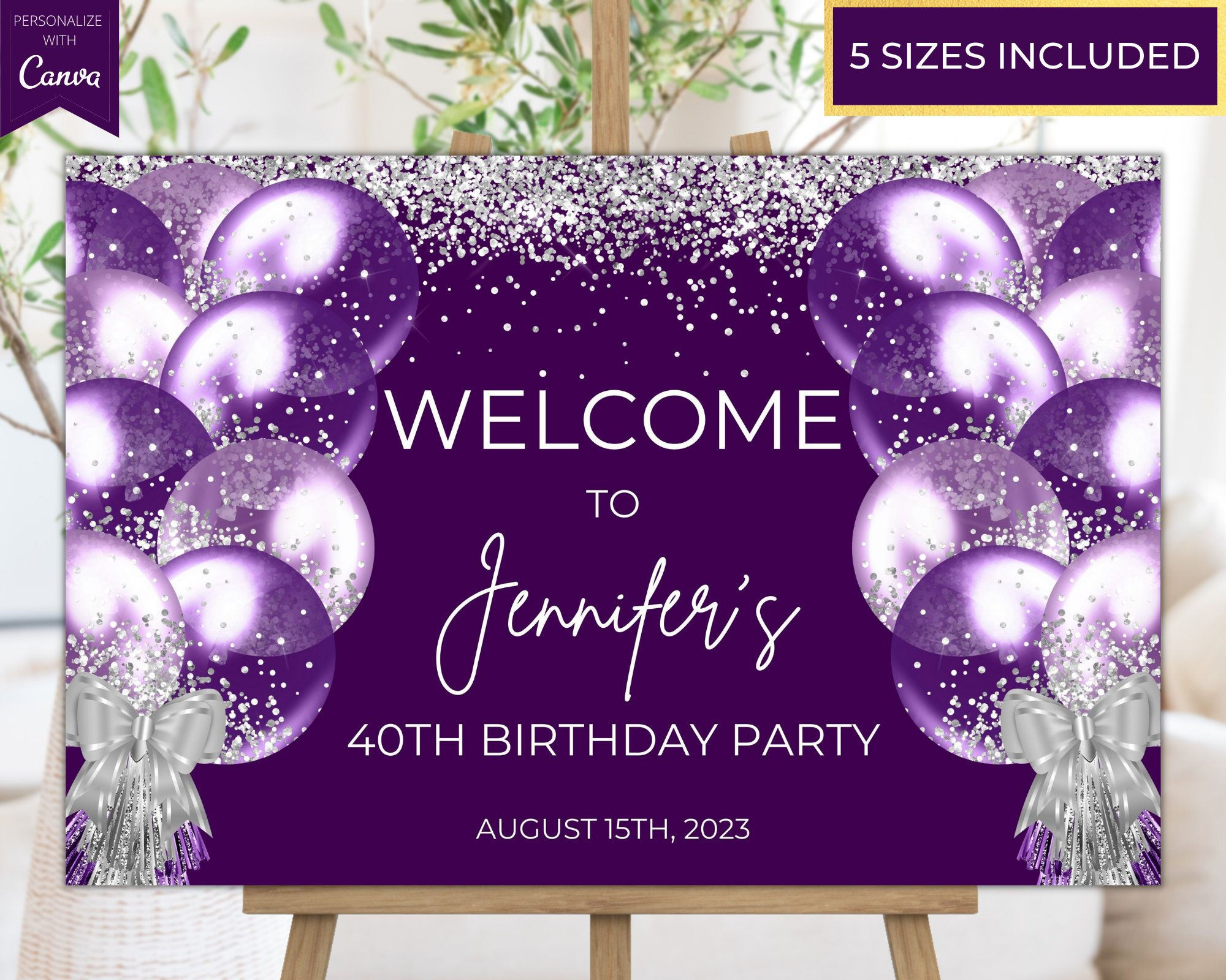 Wallpaper #PDHeNZMB5zzyi_yYylio53 Editable Purple Silver Balloons Birthday Welcome Sign Printable