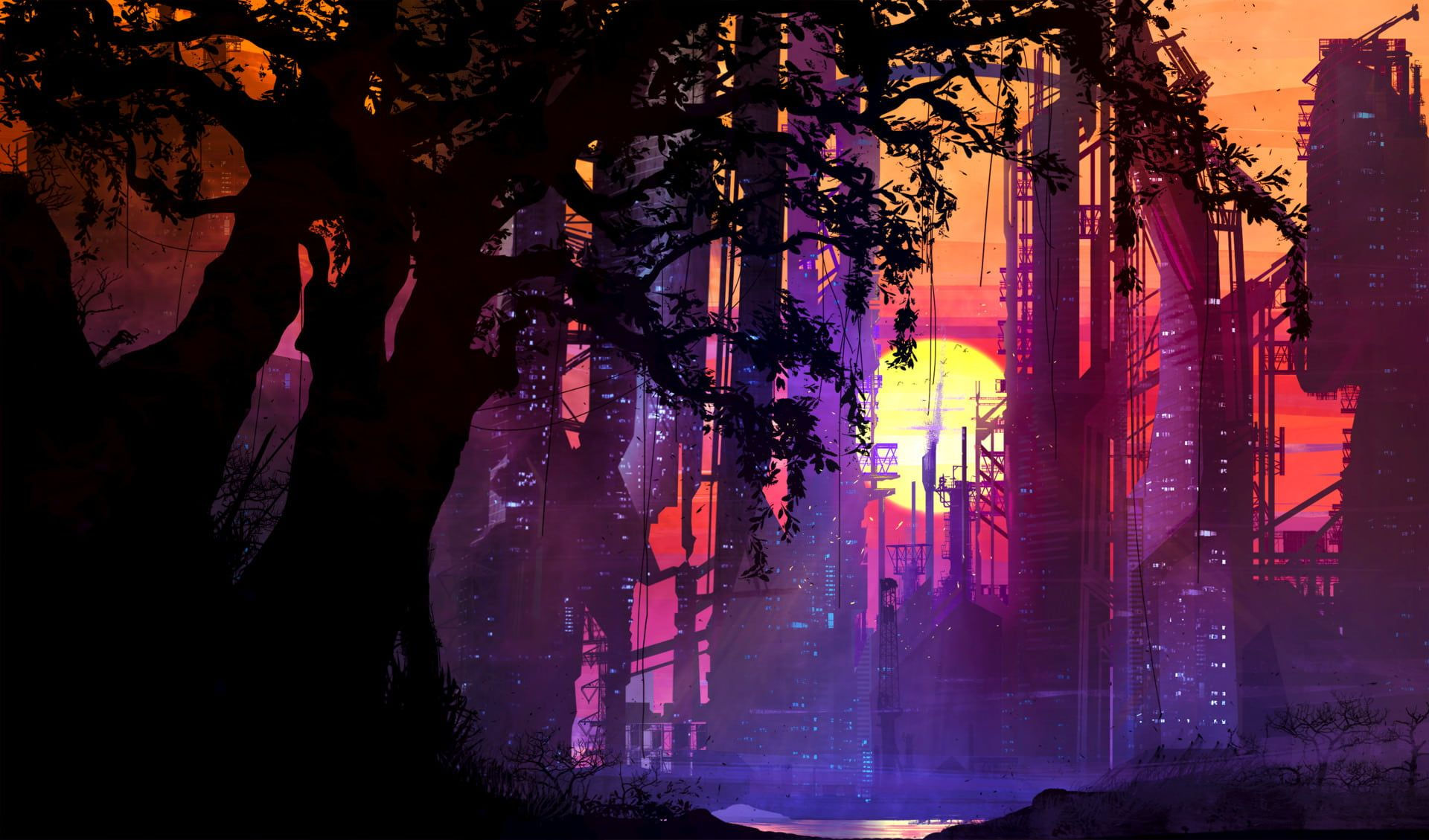 Wallpaper #dkWNj44B7YBJg1BVkp3G1 Silhouette Trees Illustration Cyberpunk Science Fiction Neon 1080p