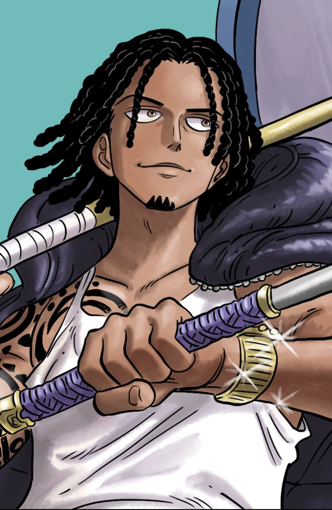 Wallpaper #fGd1AJMBSpphPi3-QqZu96 A Man with Dreadlocks Holding Two Swords in One Hand and Looking at the