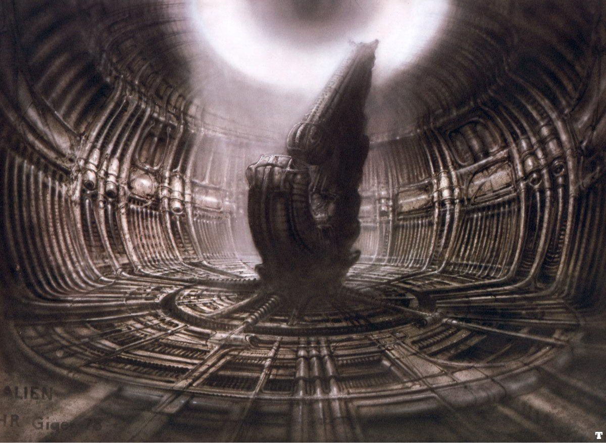 Wallpaper #8miAIJMBSpphPi3-mS3Z54 Pilot and Derelict Ship Concept Art by H R Giger for Alien 1979 H