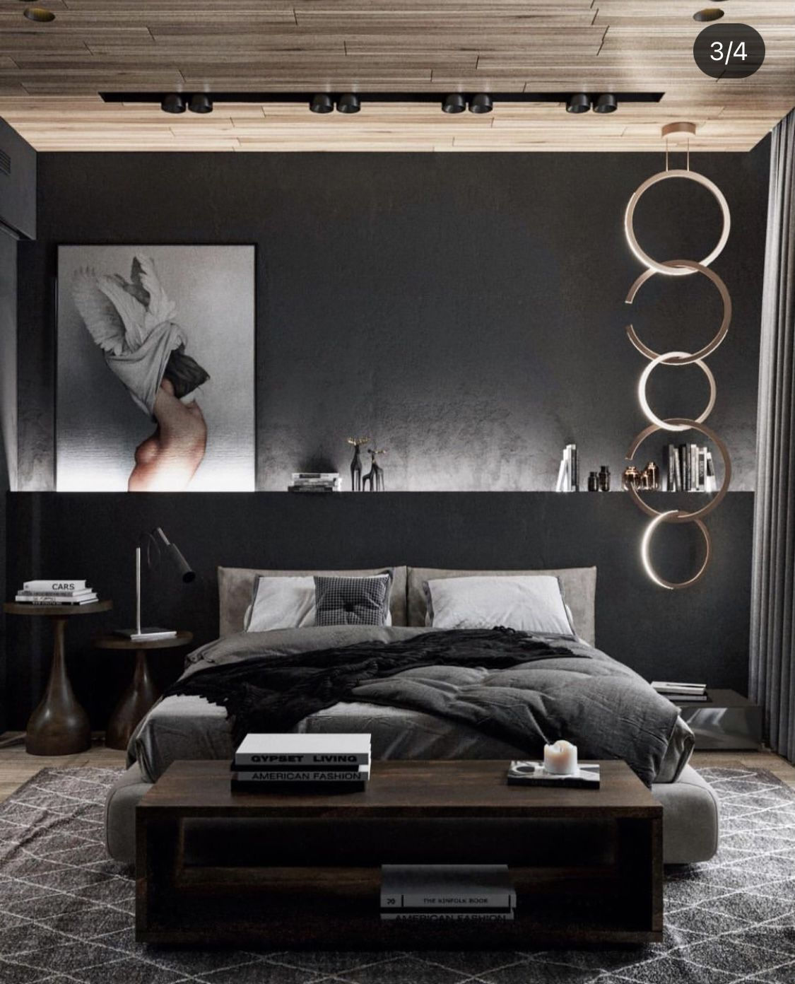 Wallpaper #2GeMA5MBSpphPi3-T7Po410 A Modern Bedroom with Black Walls and Grey Bedding Artwork Above the