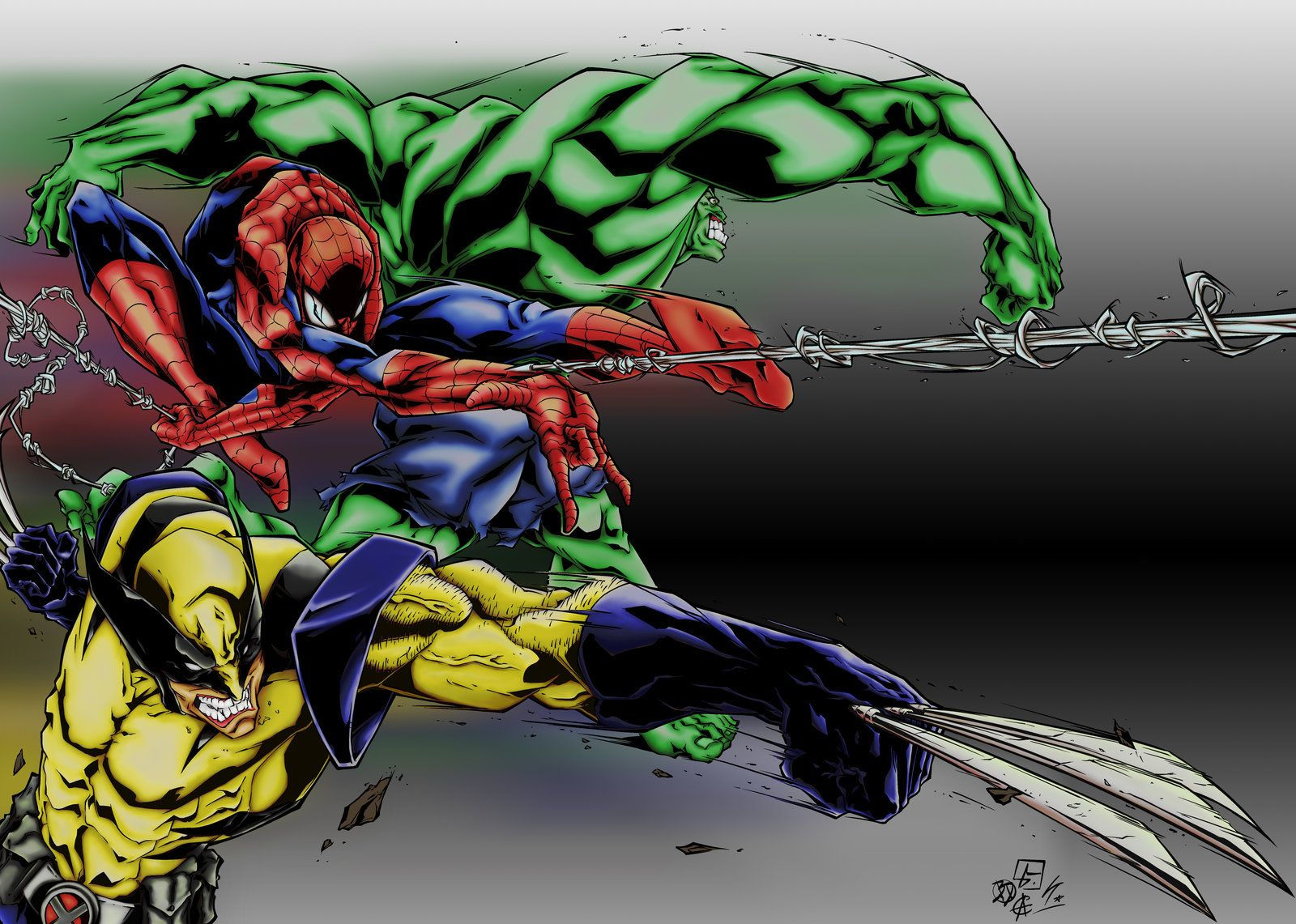 Wallpaper #lX0F9Y4Bnwiau_P6KBEk58 Wolverine Spiderman and Hulk Attack Colours by Adencole