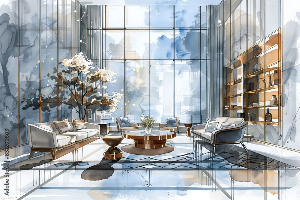 Wallpaper #r7gj2JIBJvJKYCmEhOZY364 Hand Drawn Color Sketch of Modern Luxury Living Room Interior with