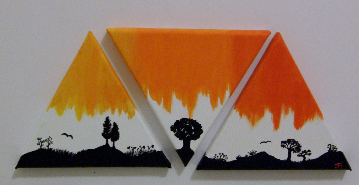 Wallpaper #6mcM8ZIBSpphPi3-jmn89 Three Piece Triangle Canvas Painting of an Orange Sunset Pouring Over a