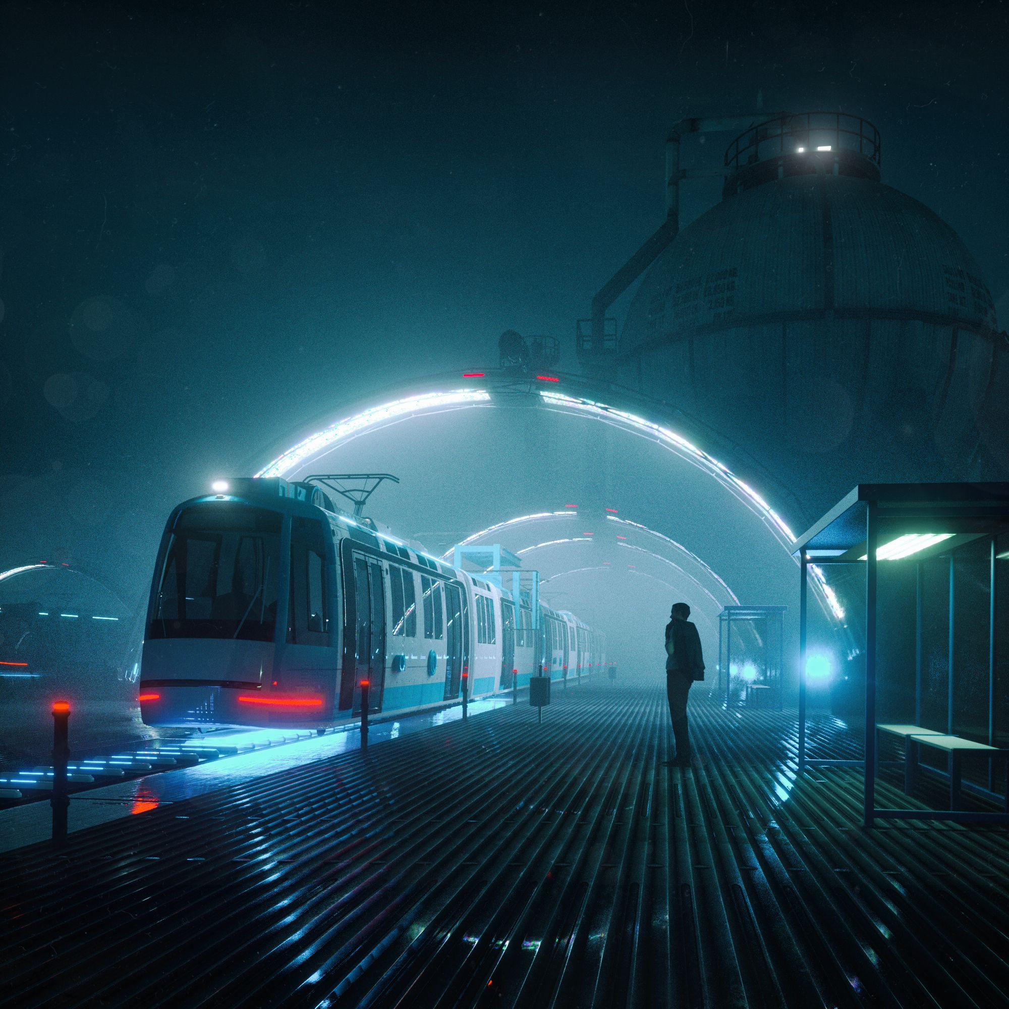 Wallpaper #z3O1gY4BFI5NbQksGRhB39 A Lonely Figure Stands on a Platform as a Train Approaches in a Dark, Futuristic City