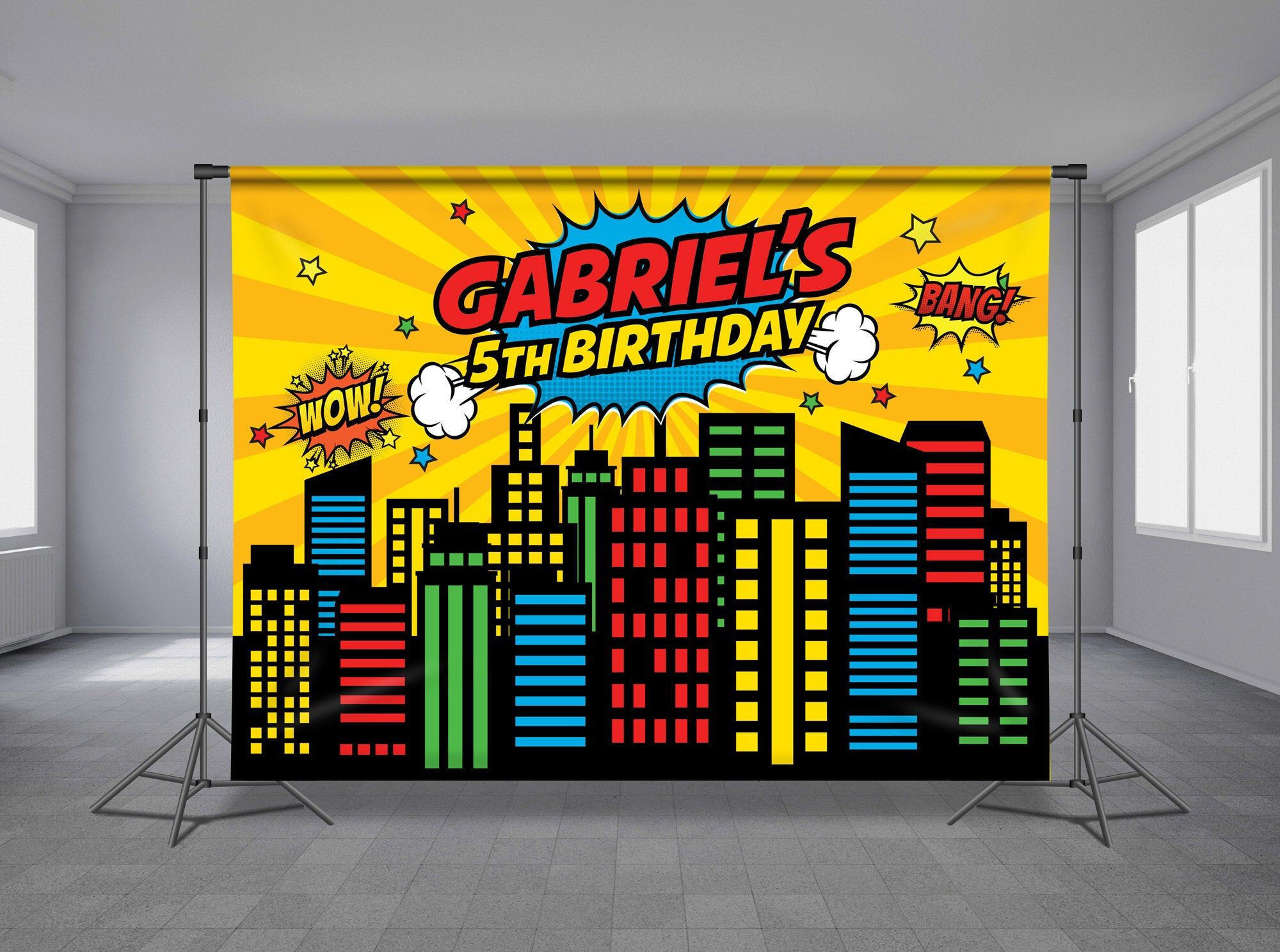 Wallpaper #mTEHNpMB5zzyi_yYhFhv162 Skyline Superhero Birthday Backdrop Cityscape Comic Bubbles Red Blue