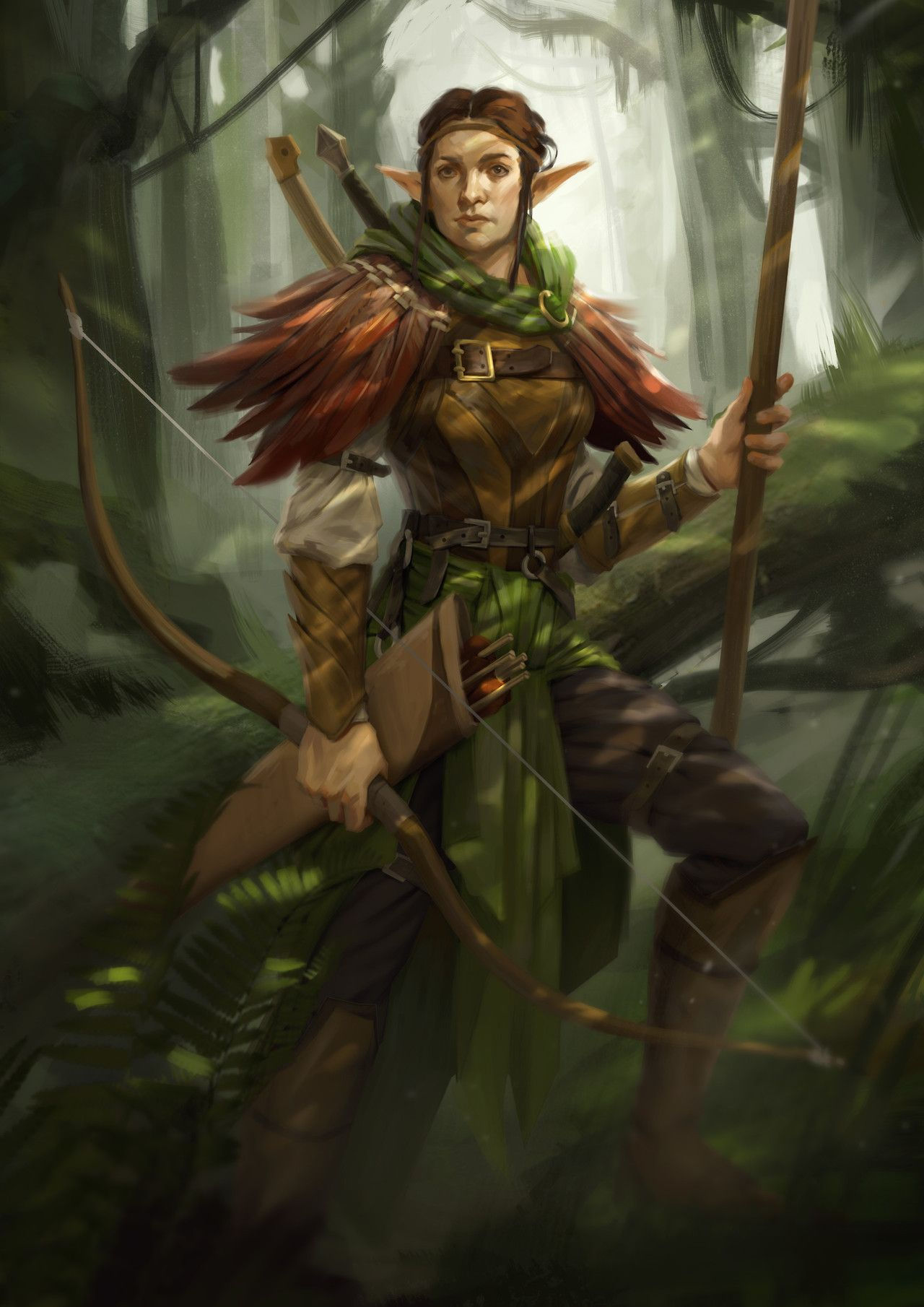 Wallpaper #FljiM5MBzN9vxX34CjrH38 F High Elf Ranger Leather Longbow Forest Hills Mountains Underdark
