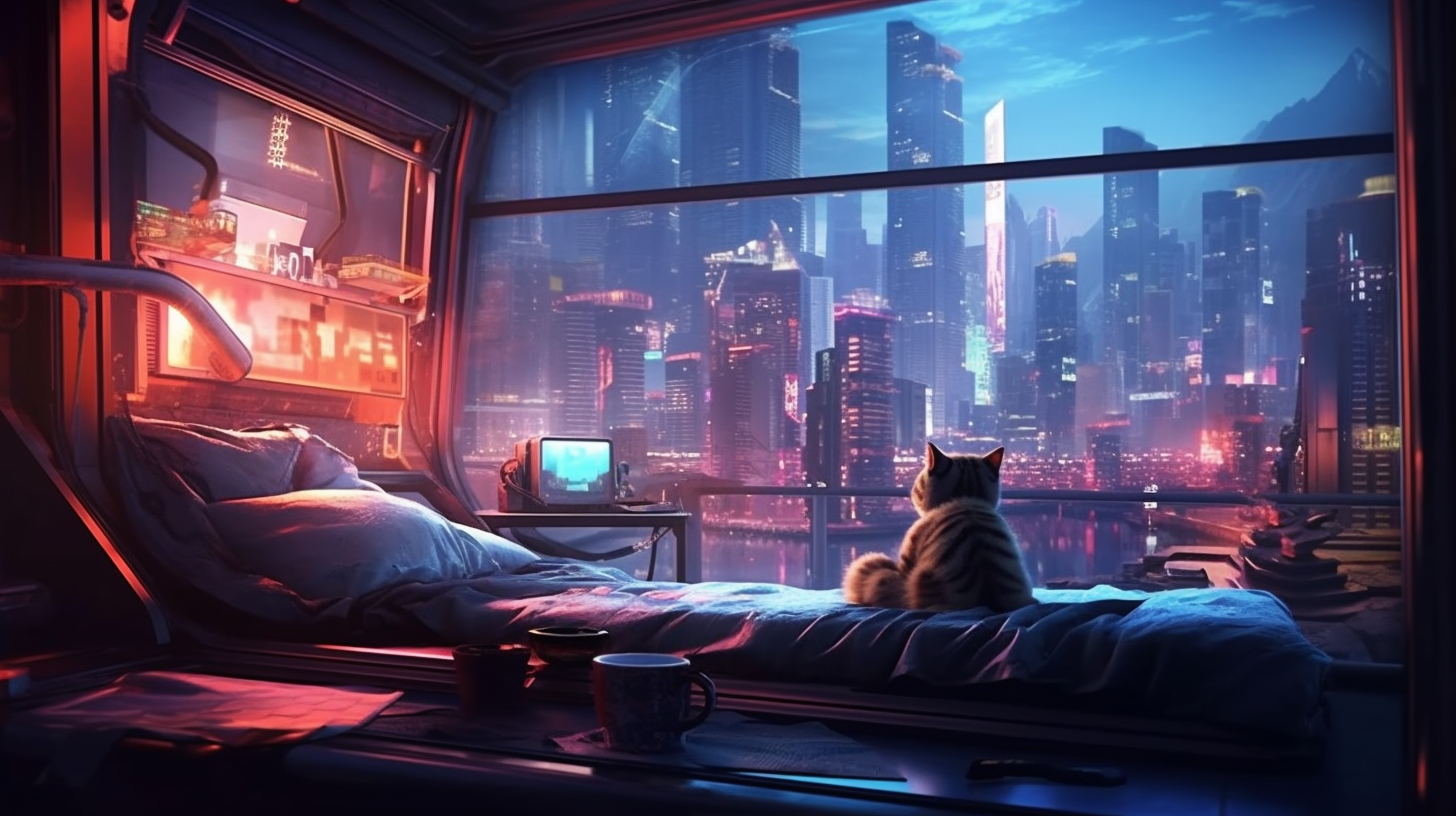 Wallpaper #F6UfMpMB0vj5YdARvNNx55 A Cat Chilling Inside a Cyberpunk Bedroom Wide Cat City Scenery