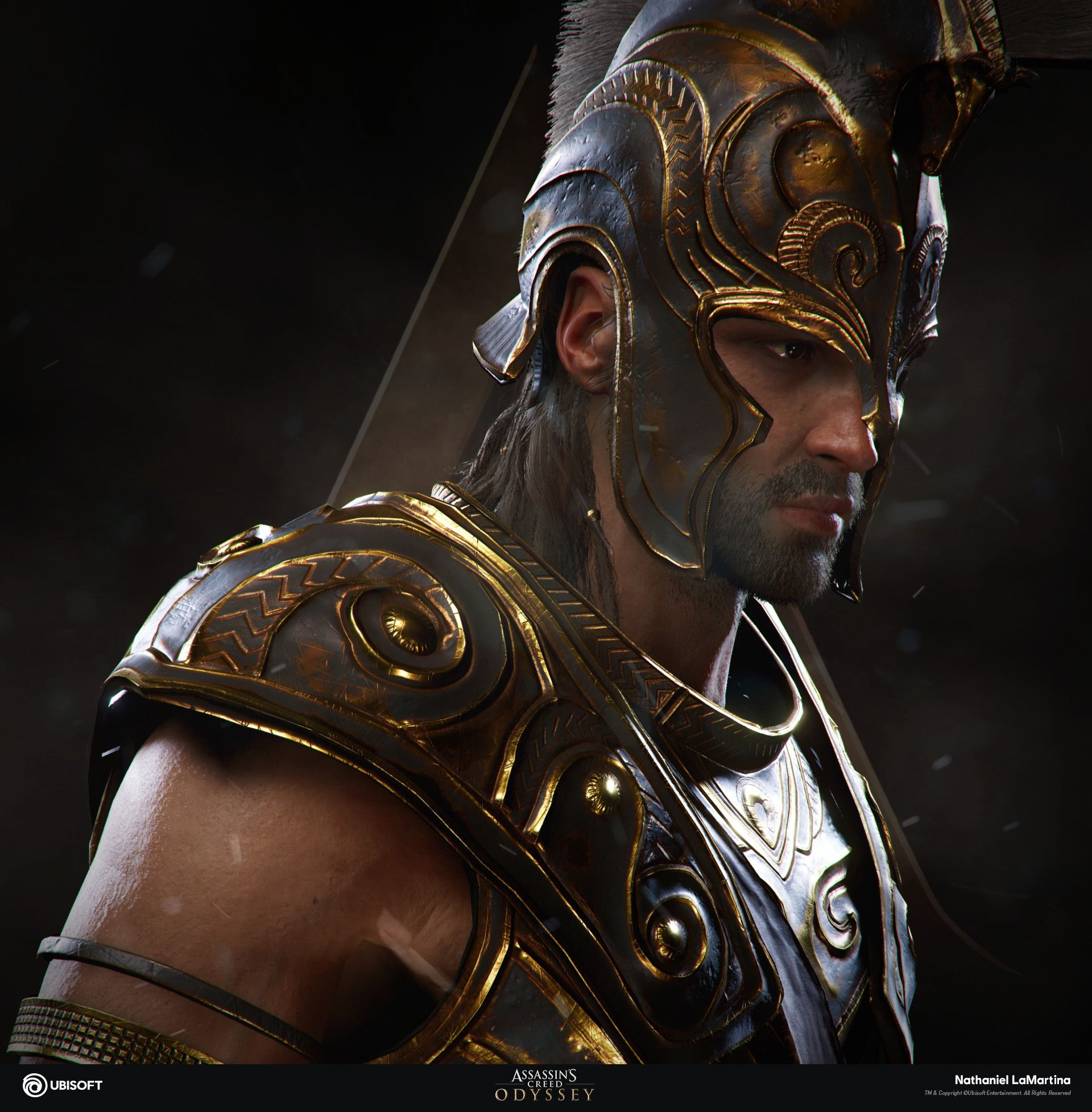 Wallpaper #DWdW85IBSpphPi3-jHVH388 A Close Up of a Man in Armor and Helmet with His Head Turned to the Side