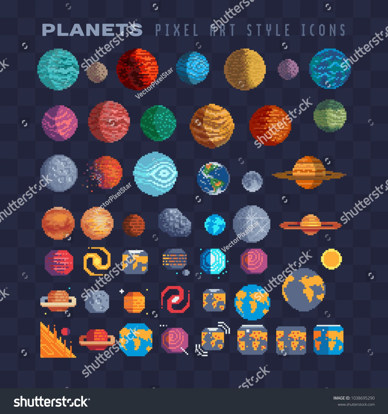 Wallpaper #KWf4-ZIBSpphPi3-E48Y414 Sci Fi Planets Pixel Art 80s Style Set 8 Bit Sprites Solar System