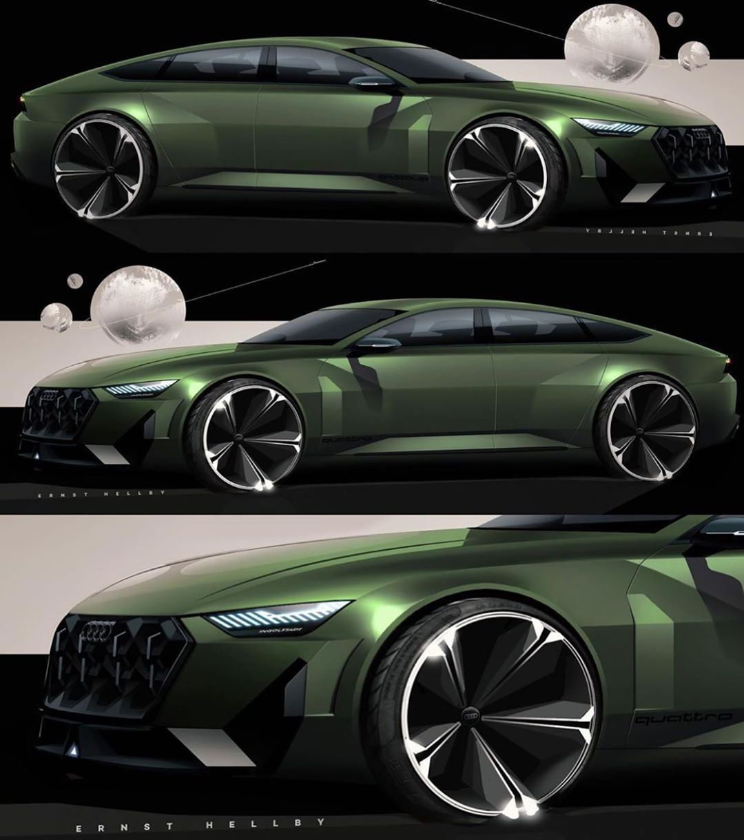 Wallpaper #kWidIpMBSpphPi3-uDN4251 Three Different Views of a Green Car with Wheels and Spokes on the
