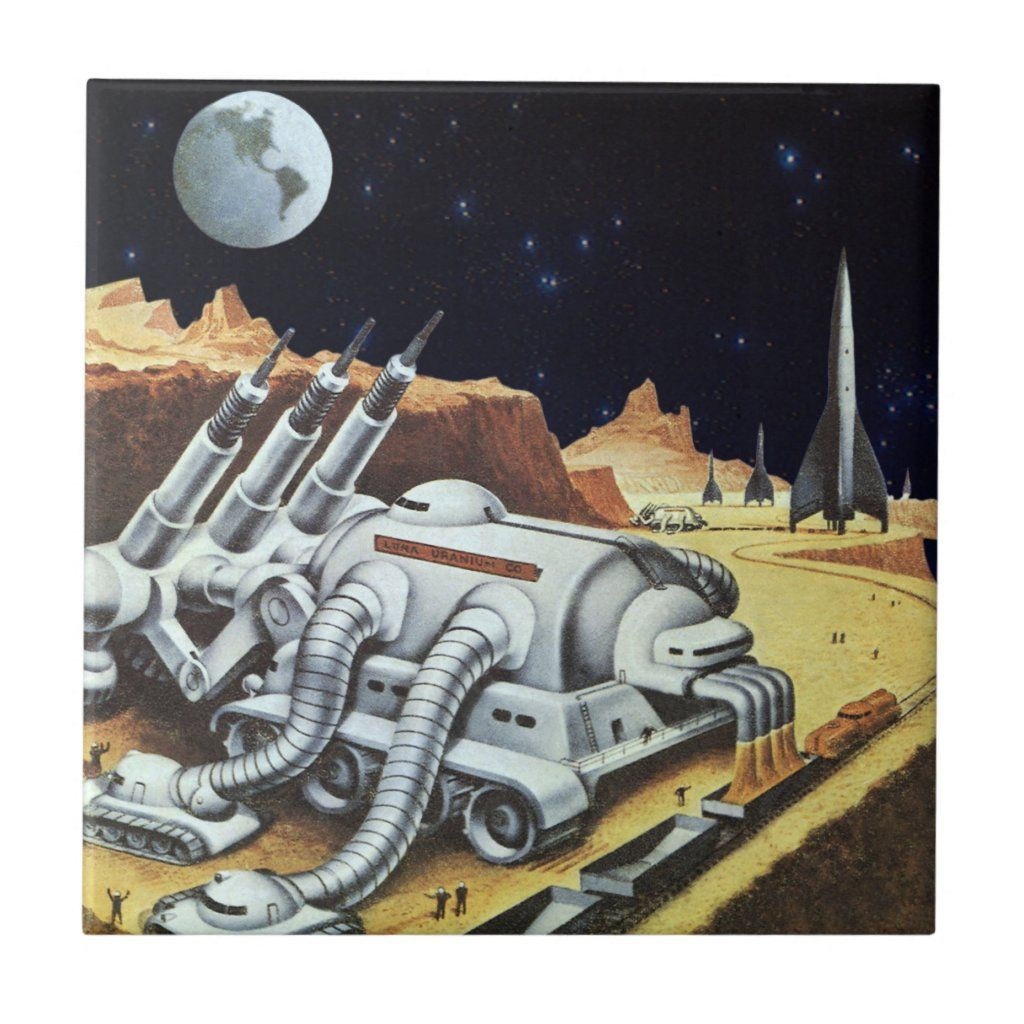 Wallpaper #4H3s7o4Bnwiau_P6aQRC53 Vintage Science Fiction Space Station on the Moon Tile Zazzle