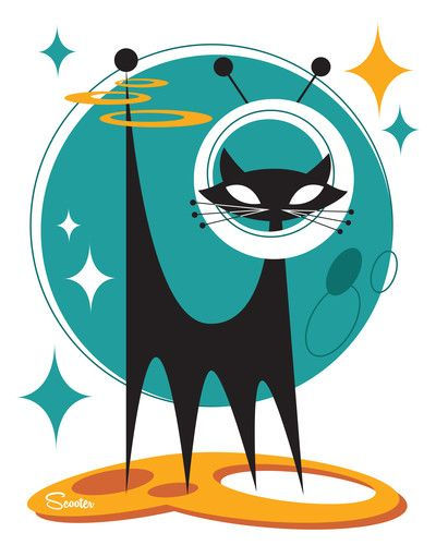 Wallpaper #2LgT3ZIBJvJKYCmEjv7f94 Atomic Station Space Cat Mid Century Art Retro Art