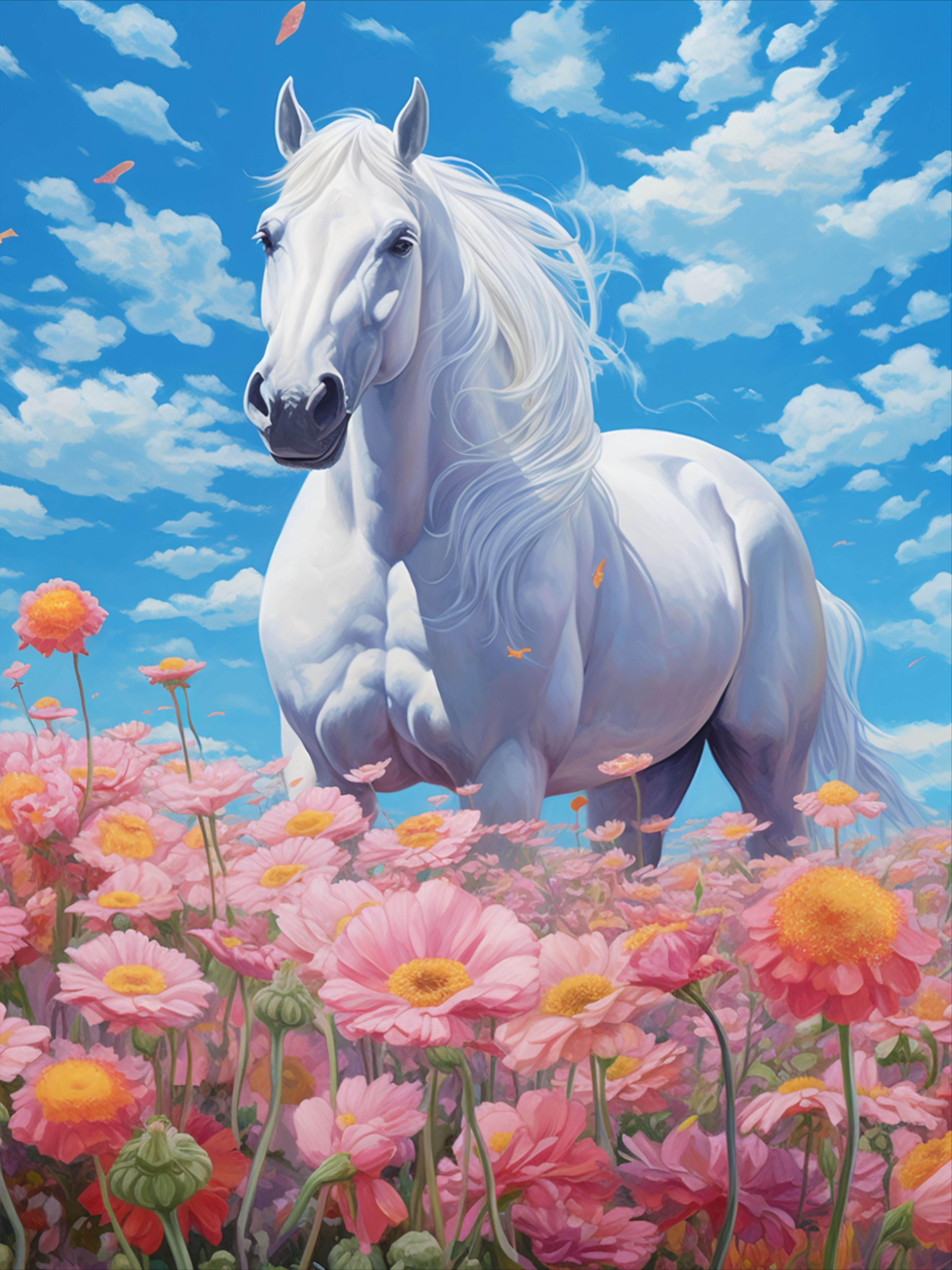 Wallpaper #8h2ULJMBlOZrFDOkIMqE25 White Horse in a Field of Flowers