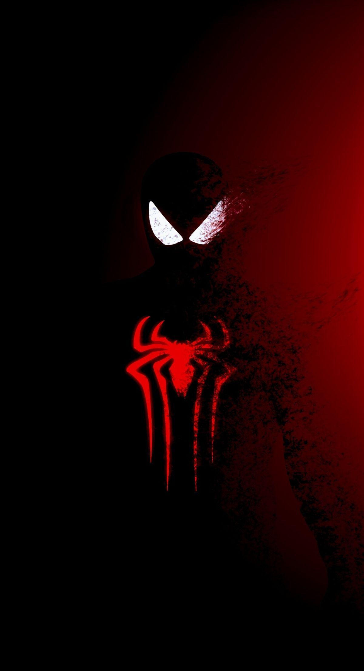 Wallpaper #4WgoI5MBSpphPi3-VjR-315 A Spider Man Standing in the Dark with His Eyes Open and Red Light